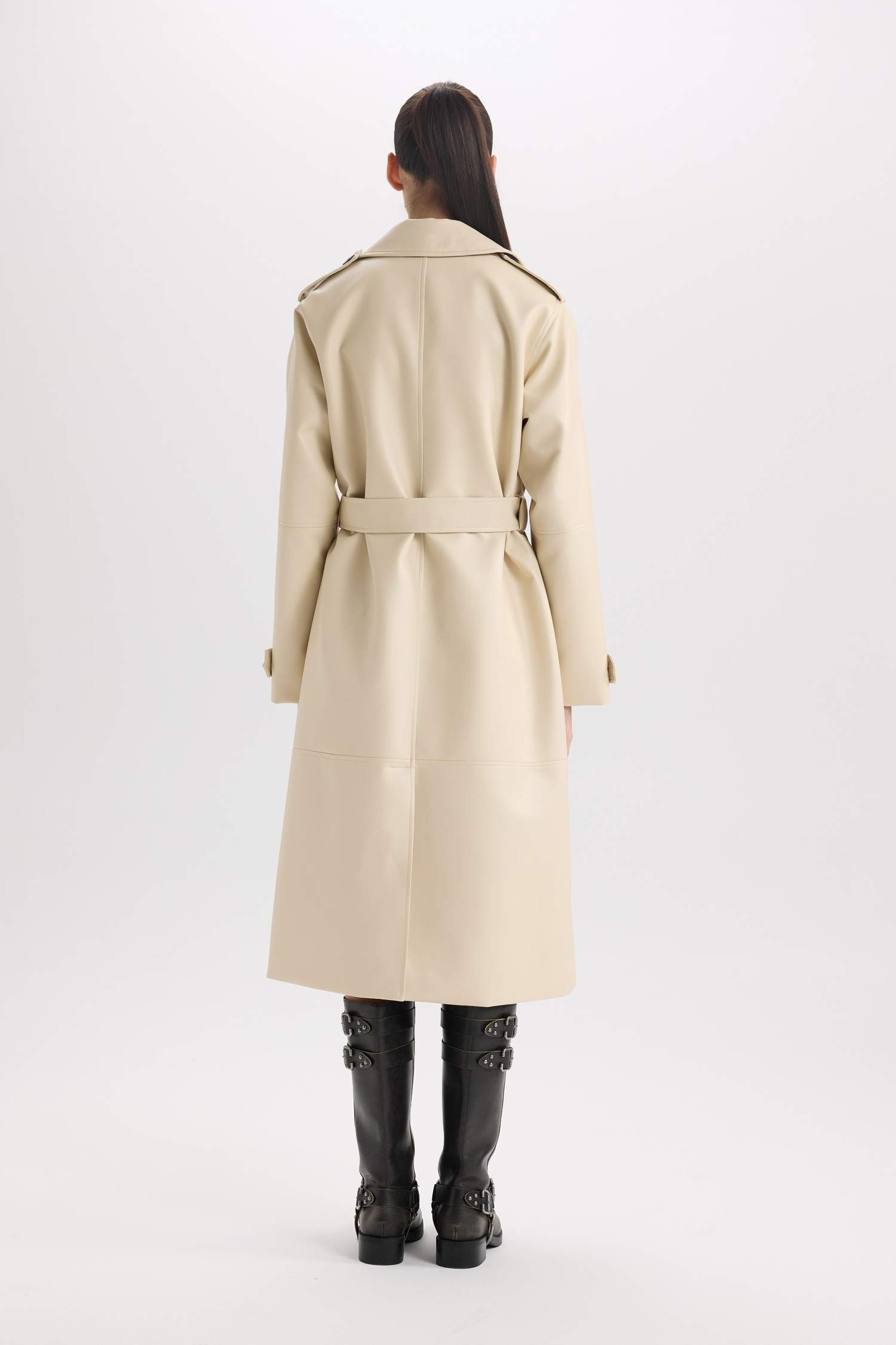 Su İtici Suni Deri Trençkot Kruvaze Yaka Düğmeli Kemerli Cepli