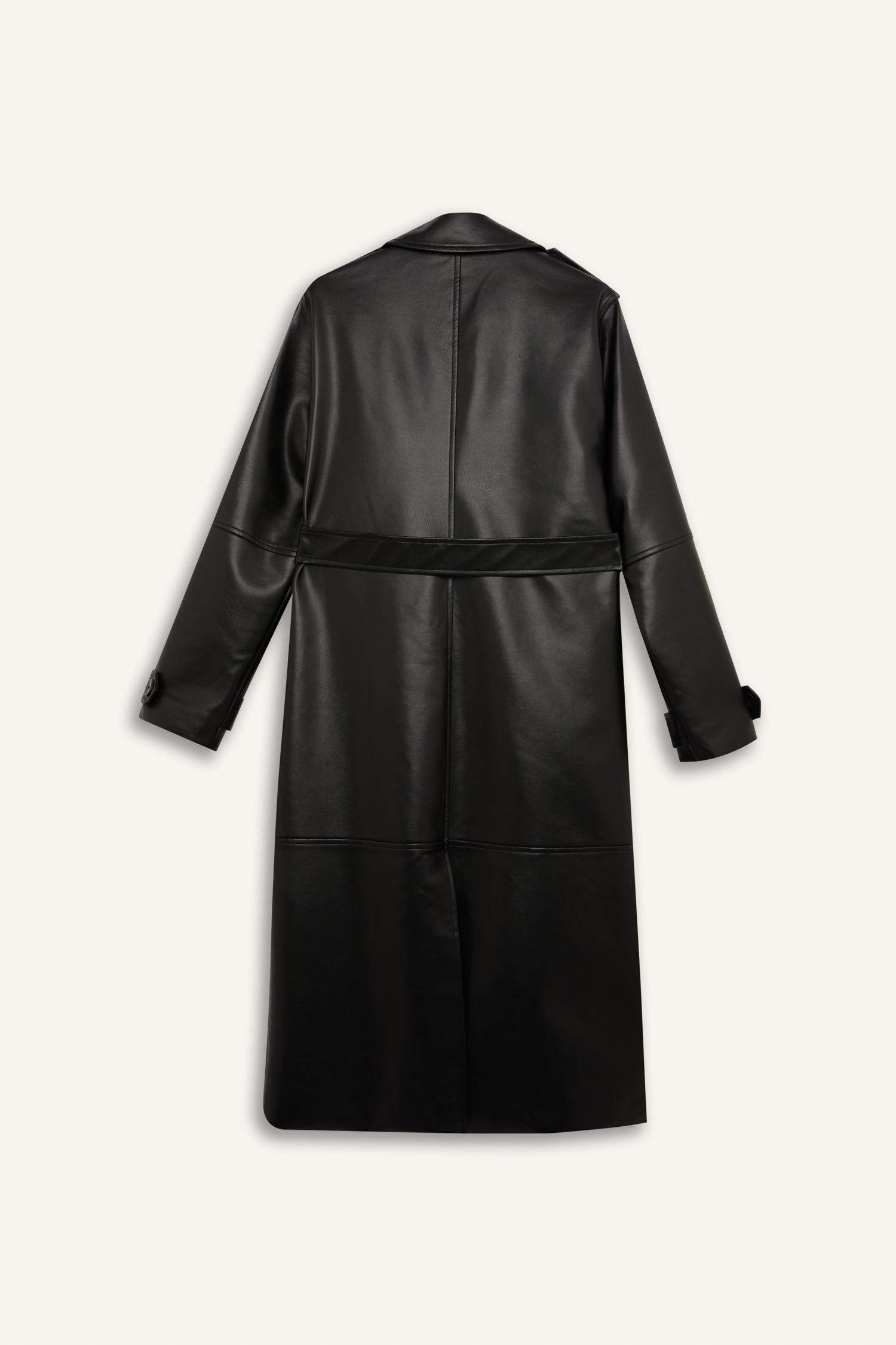 Su Geçirmez Suni Deri Trençkot  Kruvaze Yaka Düğmeli Kemerli Cepli