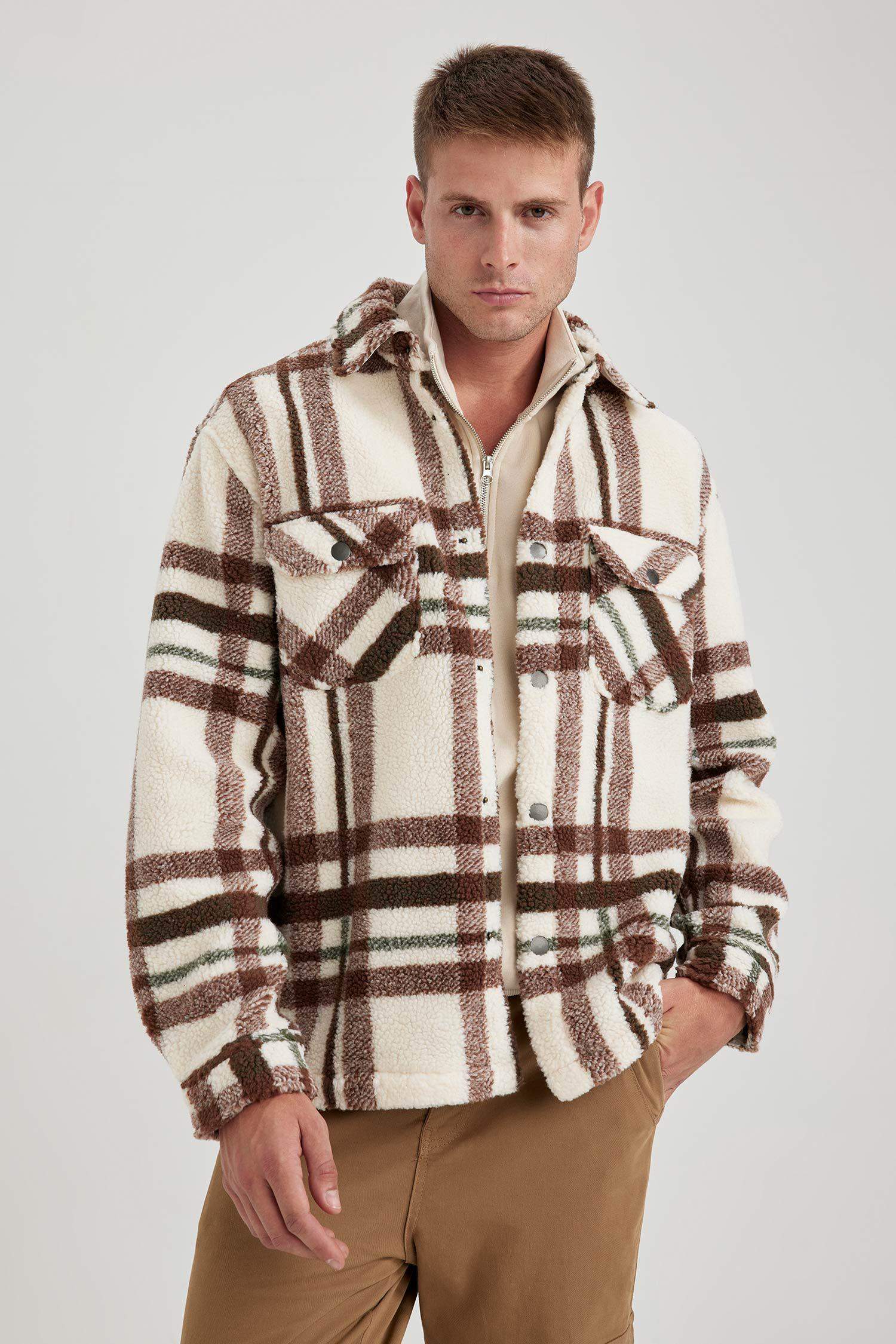 جاكيت قميص كاروهات قصة مريحة بياخة بولو بجيب