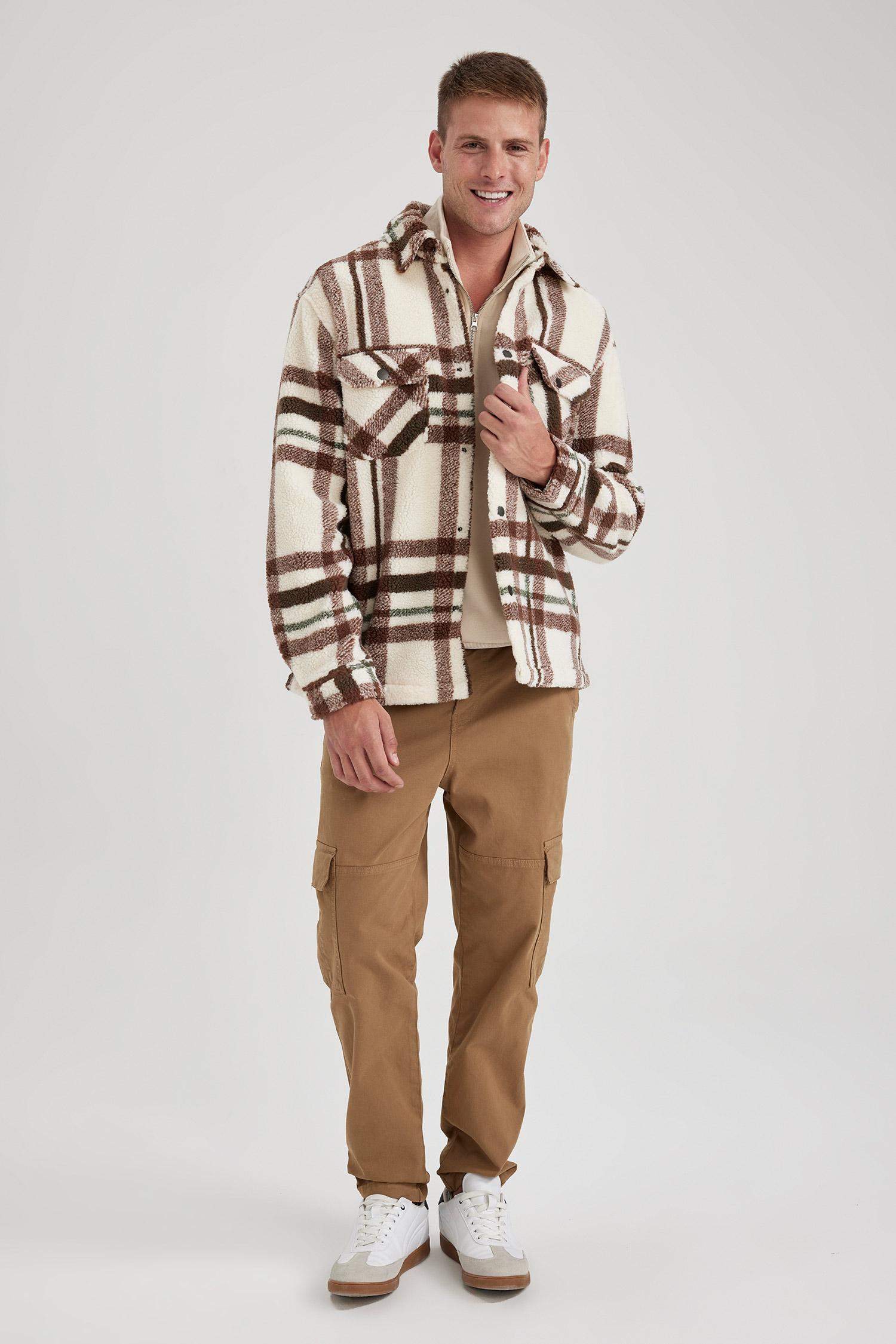 جاكيت قميص كاروهات قصة مريحة بياخة بولو بجيب