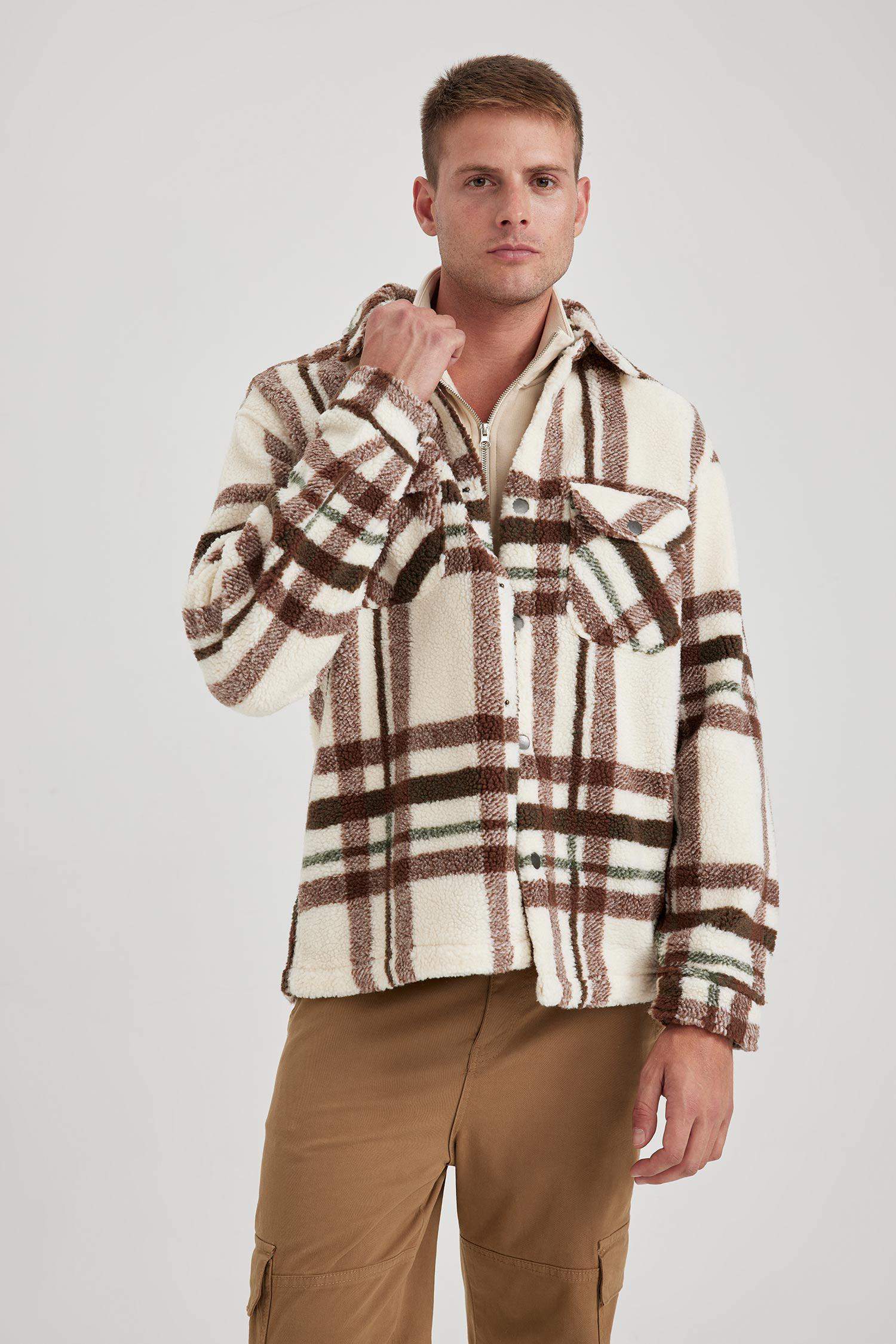 جاكيت قميص كاروهات قصة مريحة بياخة بولو بجيب