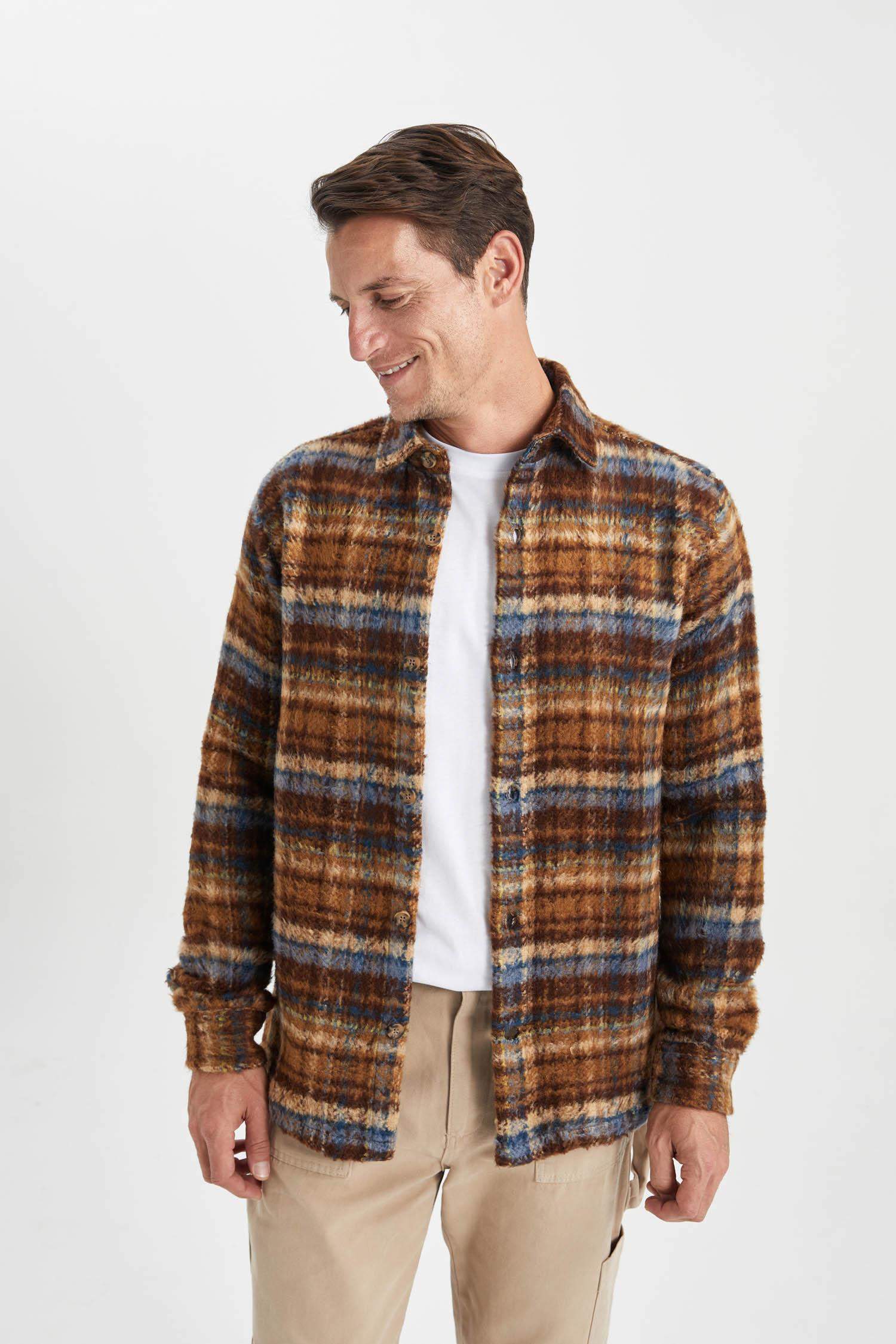 Polo Yaka Düğmeli Kareli Uzun Kollu Gömlek Ceket