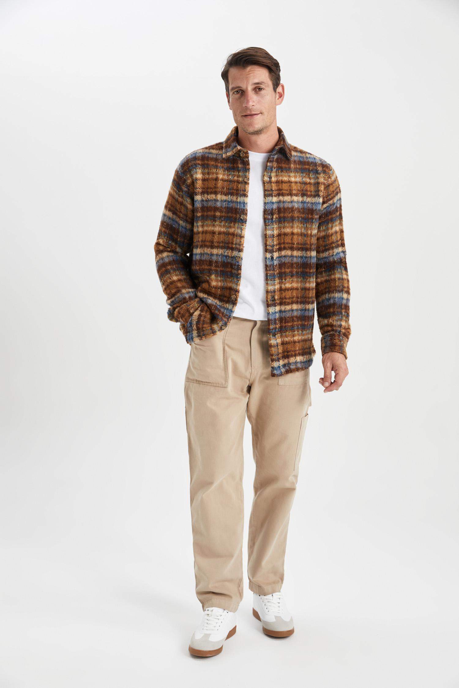 Polo Yaka Düğmeli Kareli Uzun Kollu Gömlek Ceket