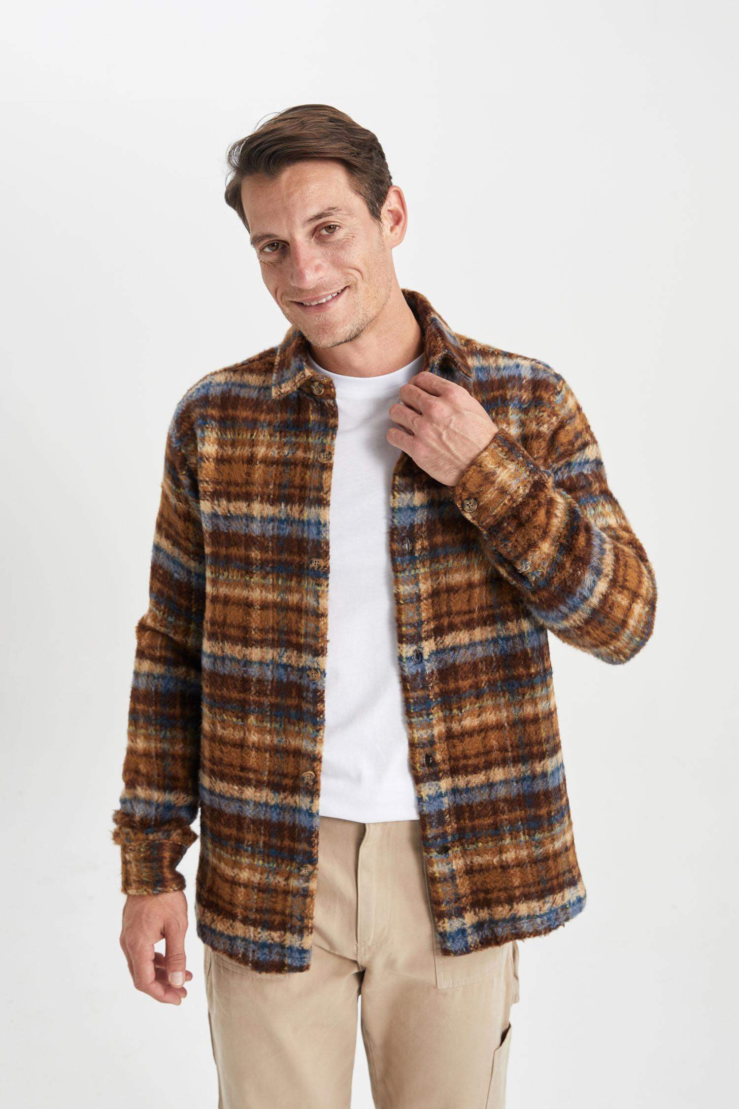 Polo Yaka Düğmeli Kareli Uzun Kollu Gömlek Ceket