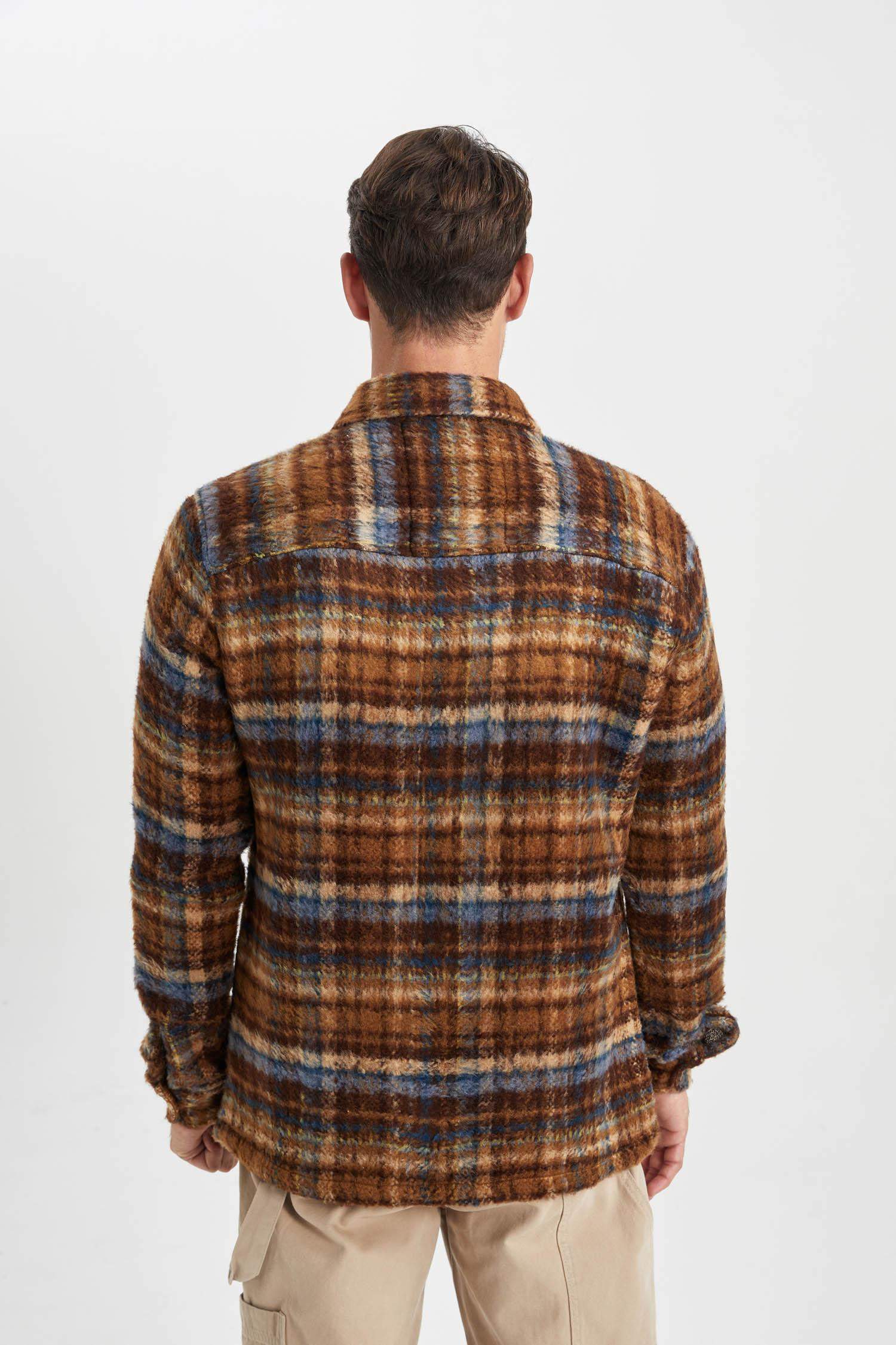 Polo Yaka Düğmeli Kareli Uzun Kollu Gömlek Ceket