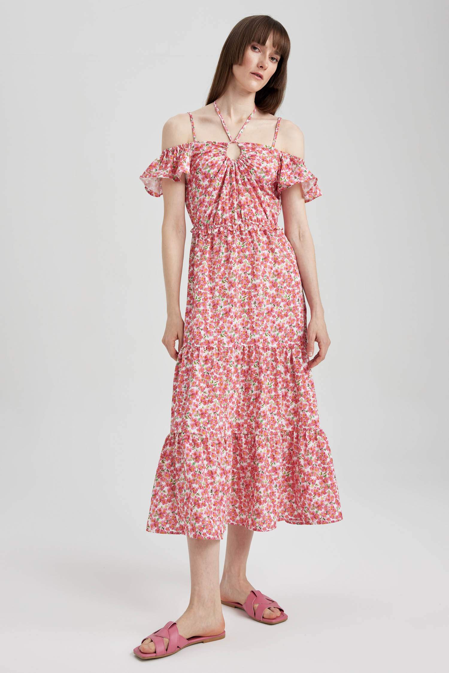 гүлді иықсыз қысқа жеңді Қысқа жеңді тоқылған көйлек