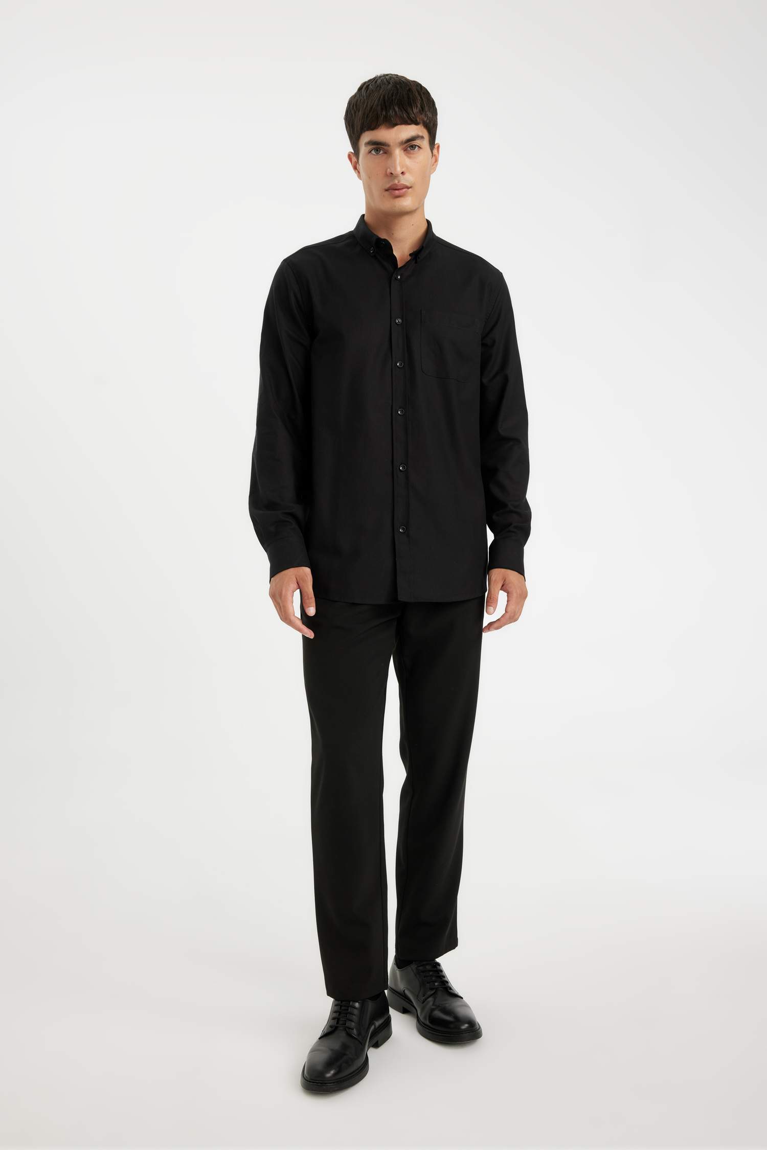 %100 Pamuk Regular Fit Polo Yaka Oxford Basic Düz Uzun Kollu Siyah Gömlek