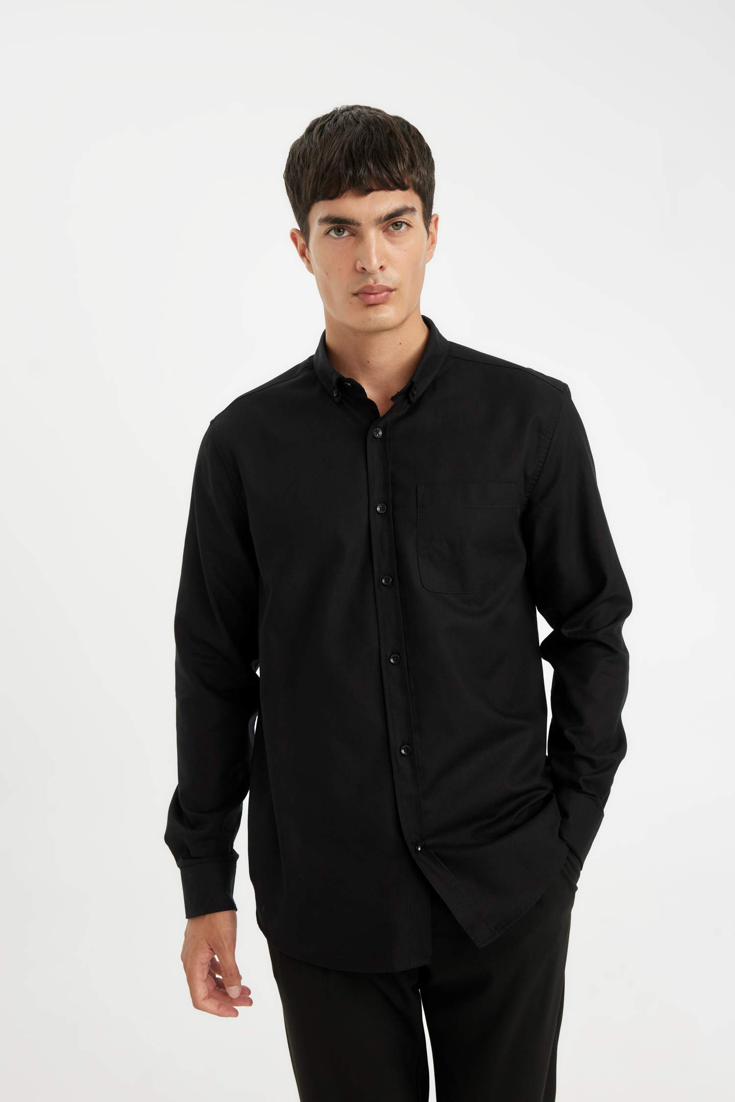 %100 Pamuk Regular Fit Polo Yaka Oxford Basic Düz Uzun Kollu Siyah Gömlek