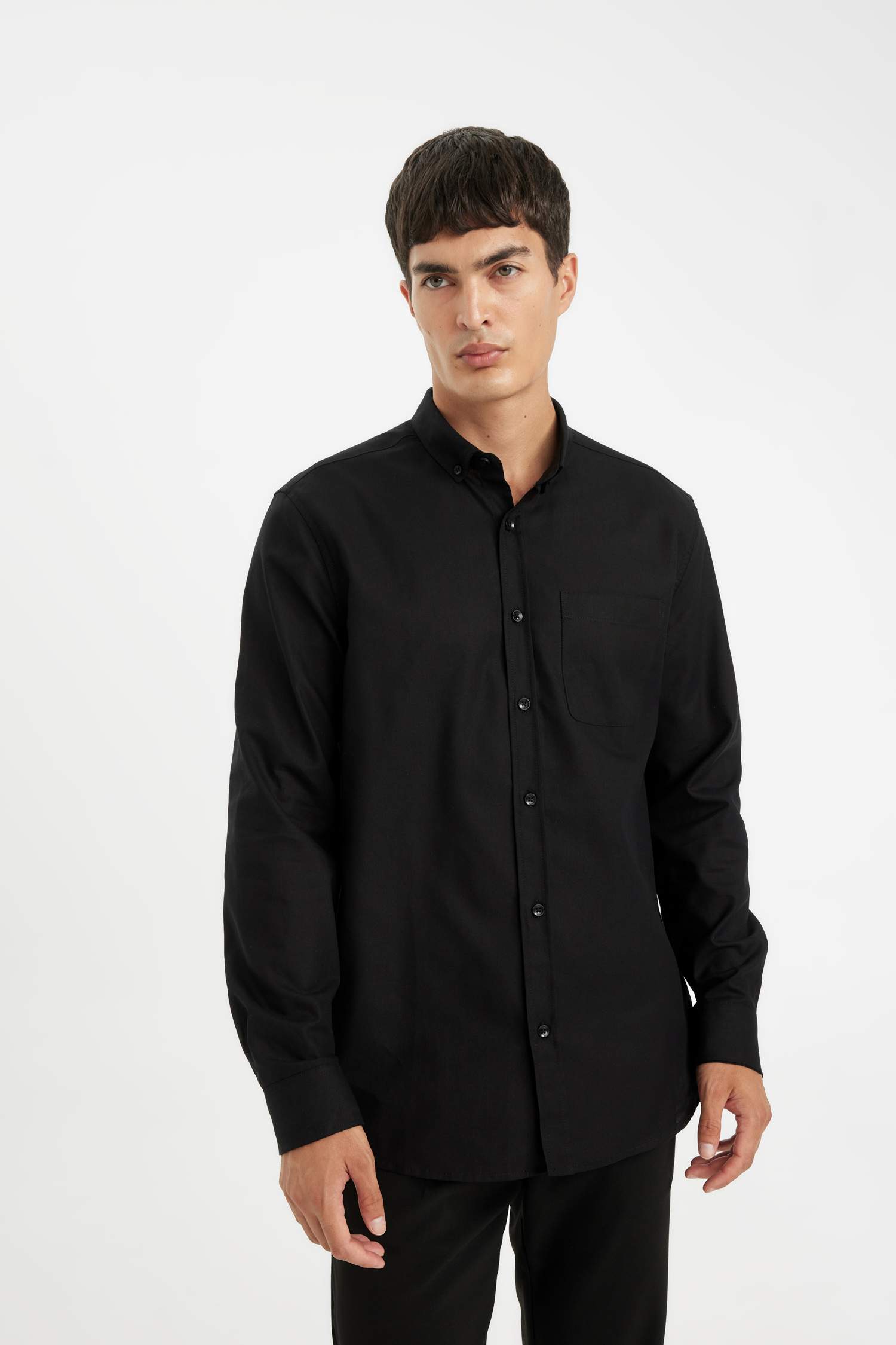 %100 Pamuk Regular Fit Polo Yaka Oxford Basic Düz Uzun Kollu Siyah Gömlek