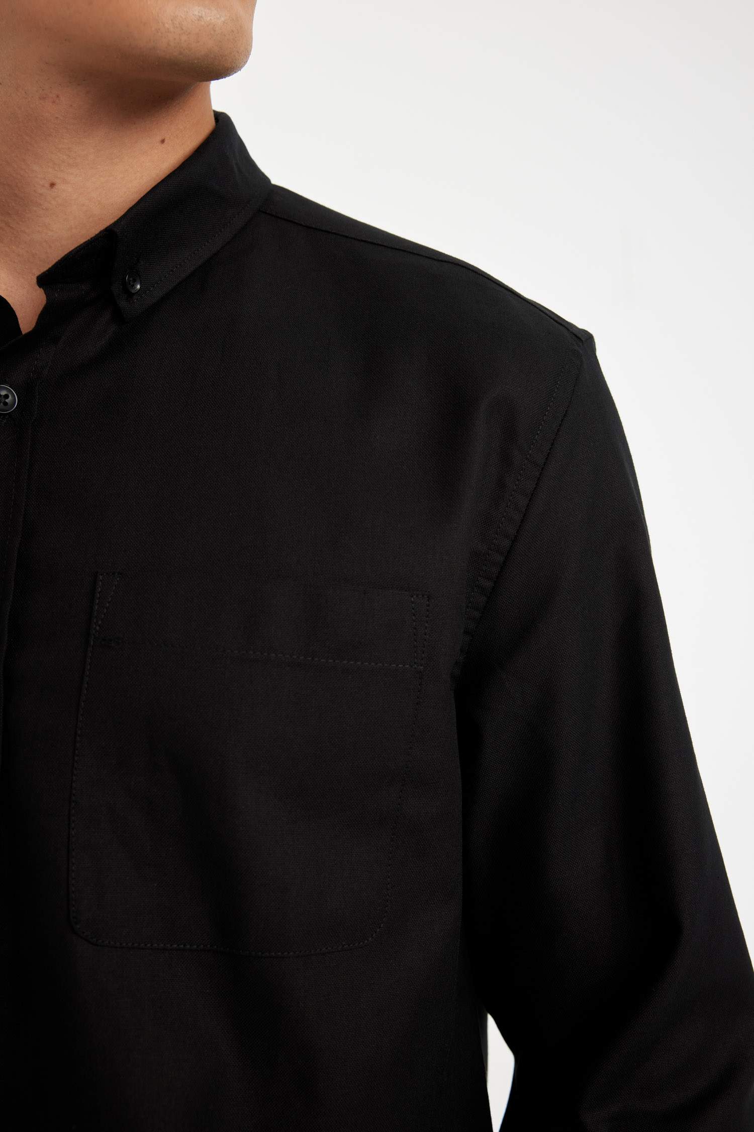 %100 Pamuk Regular Fit Polo Yaka Oxford Basic Düz Uzun Kollu Siyah Gömlek