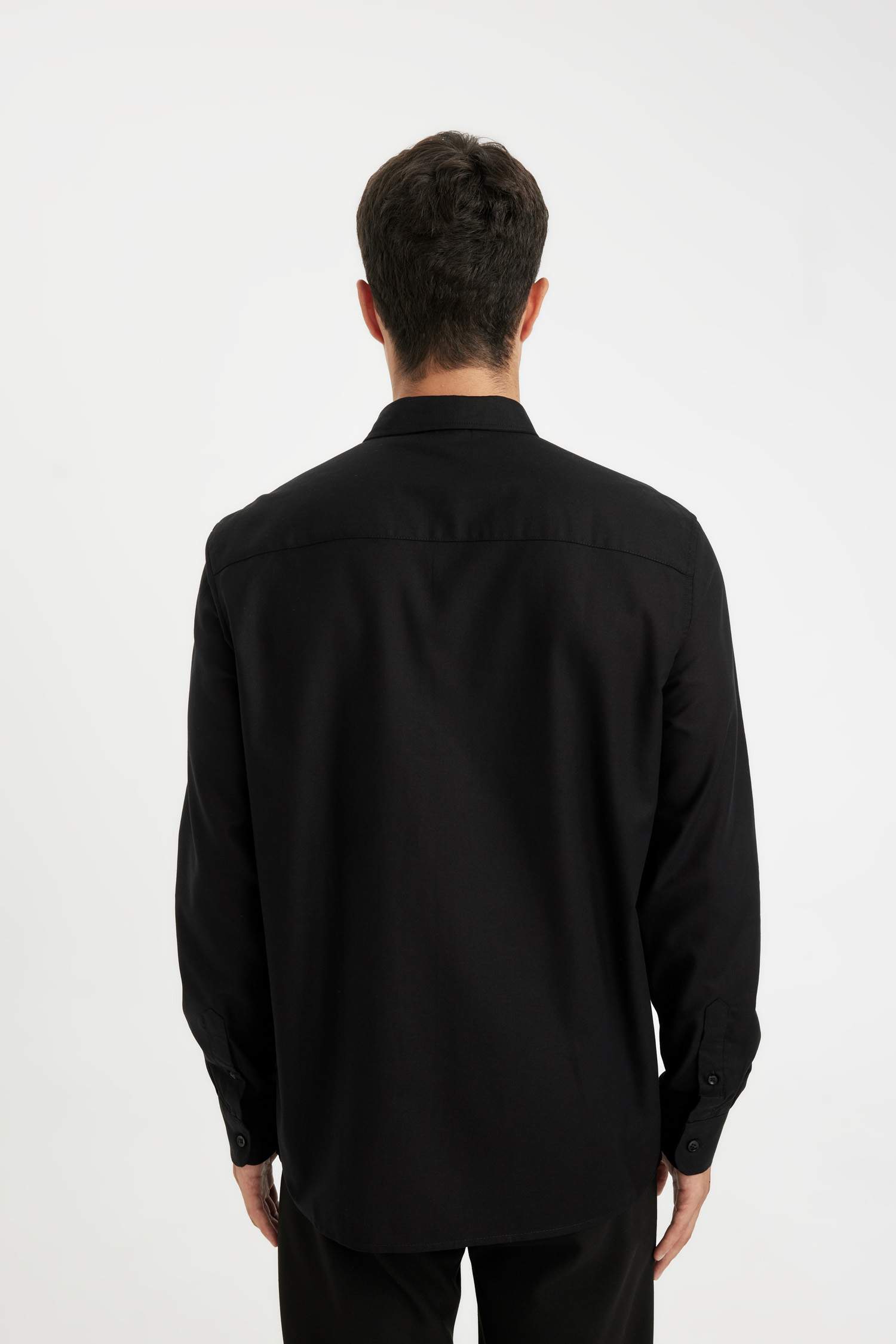 %100 Pamuk Regular Fit Polo Yaka Oxford Basic Düz Uzun Kollu Siyah Gömlek