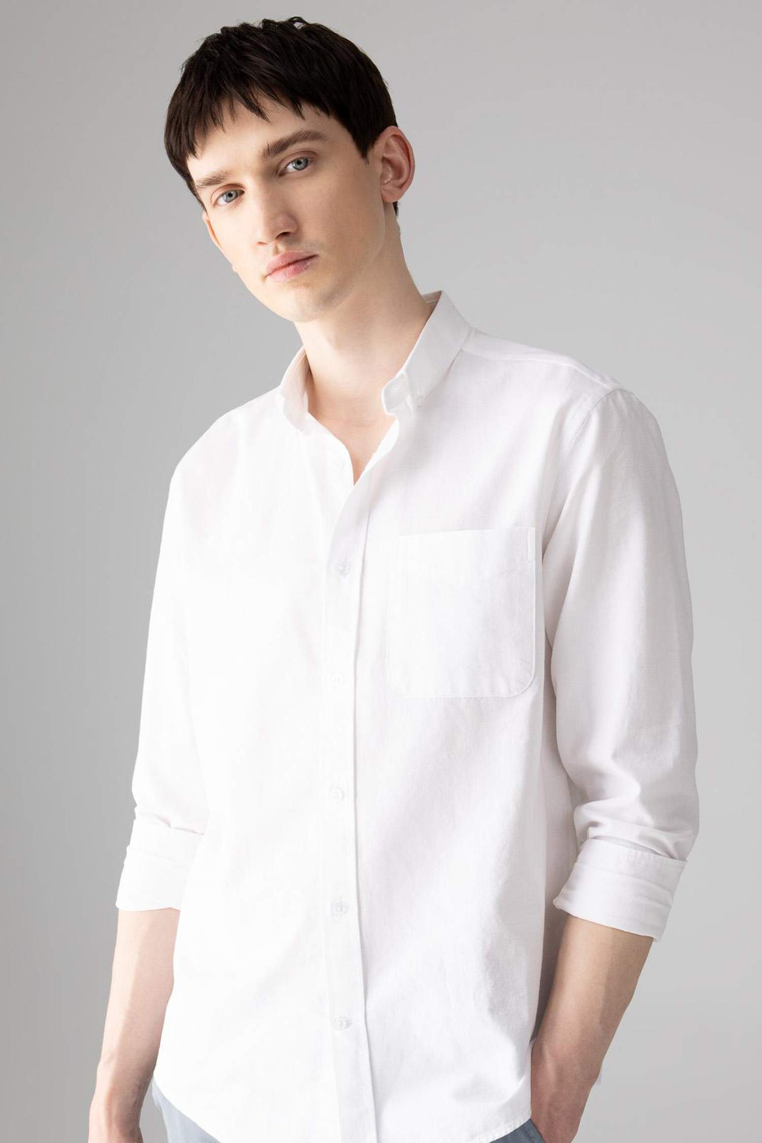 %100 Pamuk Regular Fit Polo Yaka Oxford Basic Düz Uzun Kollu Beyaz Gömlek