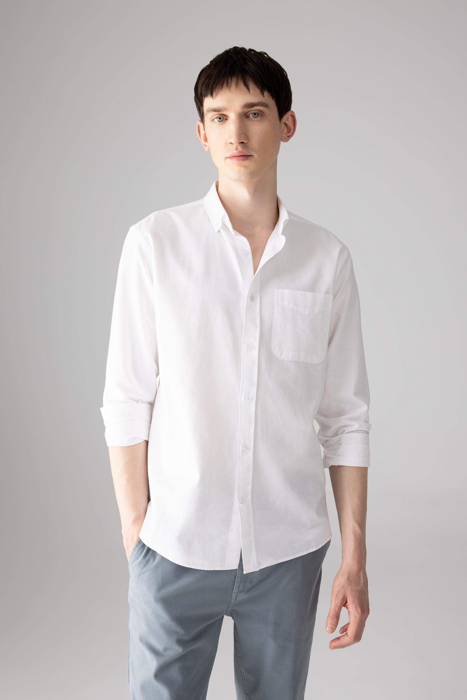 %100 Pamuk Regular Fit Polo Yaka Oxford Basic Düz Uzun Kollu Beyaz Gömlek