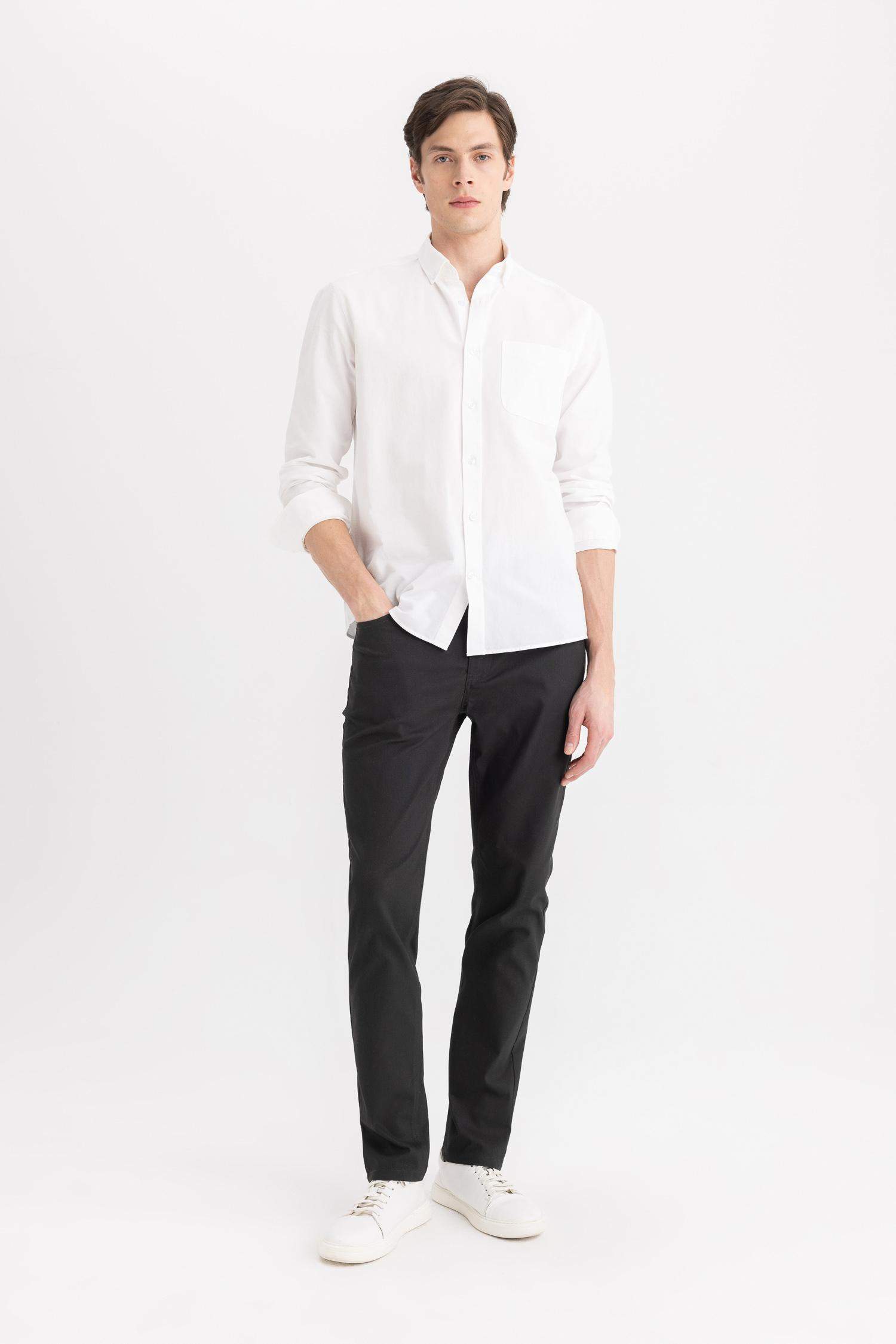 %100 Pamuk Regular Fit Polo Yaka Oxford Basic Düz Uzun Kollu Beyaz Gömlek