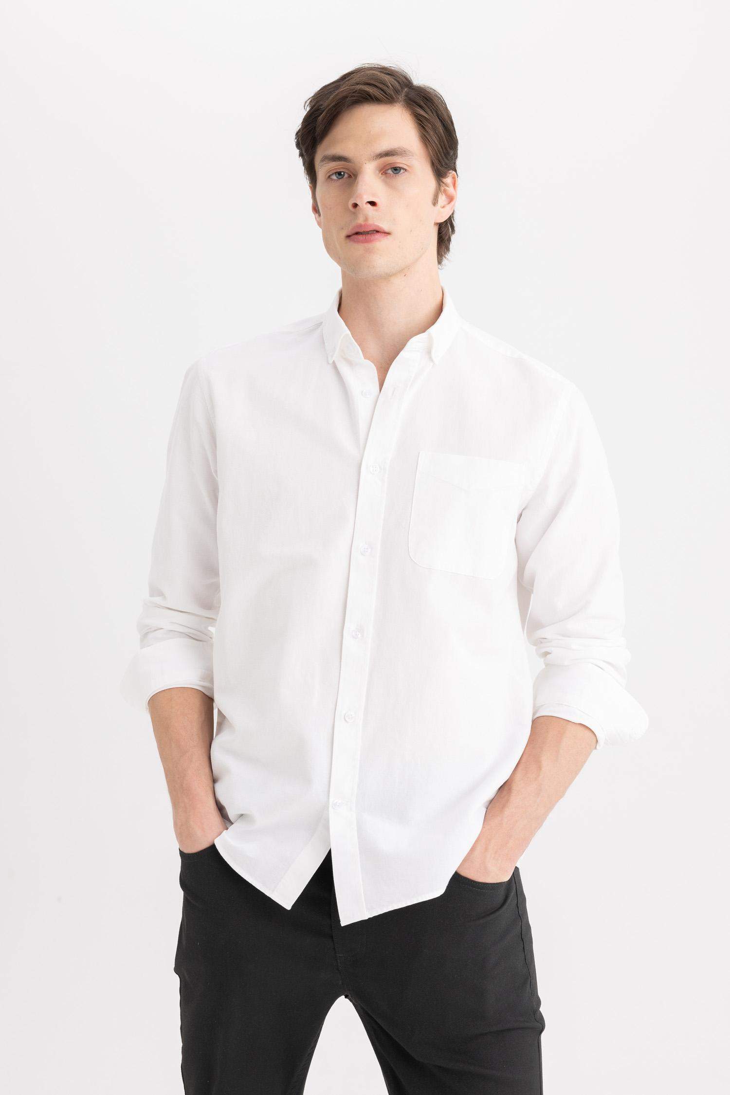 %100 Pamuk Regular Fit Polo Yaka Oxford Basic Düz Uzun Kollu Beyaz Gömlek