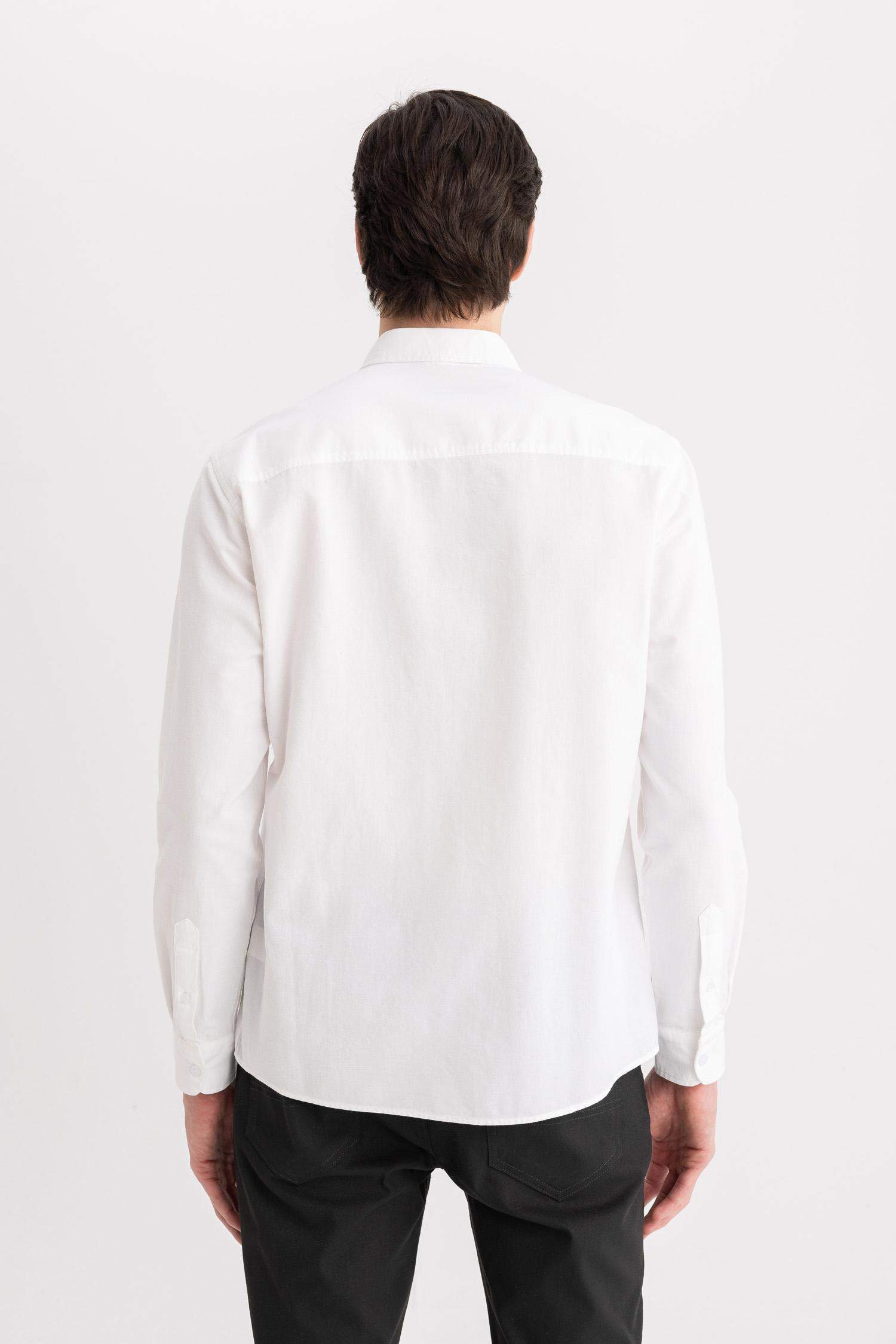 %100 Pamuk Regular Fit Polo Yaka Oxford Basic Düz Uzun Kollu Beyaz Gömlek