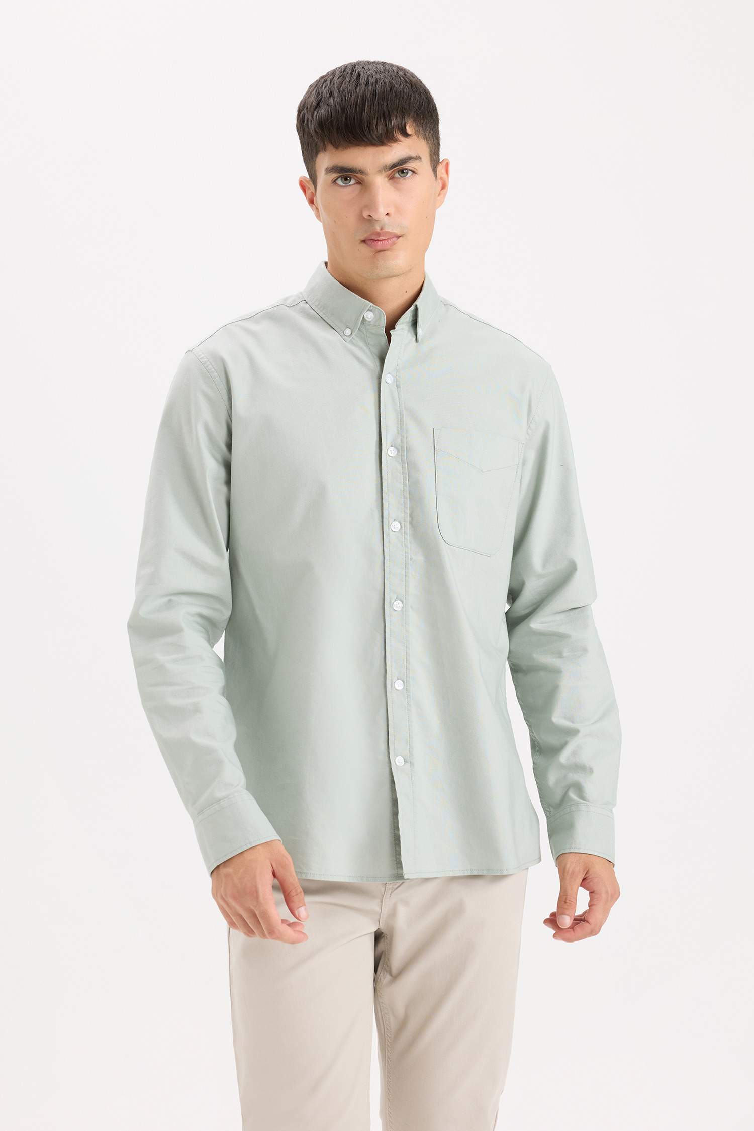 %100 Pamuk Regular Fit Polo Yaka Oxford Basic Düz Uzun Kollu Gömlek