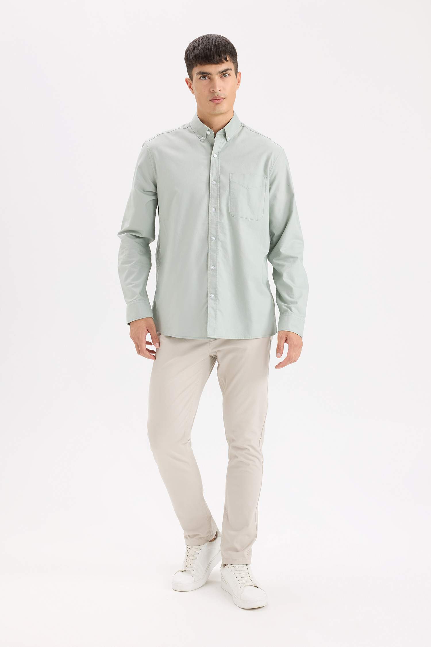 %100 Pamuk Regular Fit Polo Yaka Oxford Basic Düz Uzun Kollu Gömlek