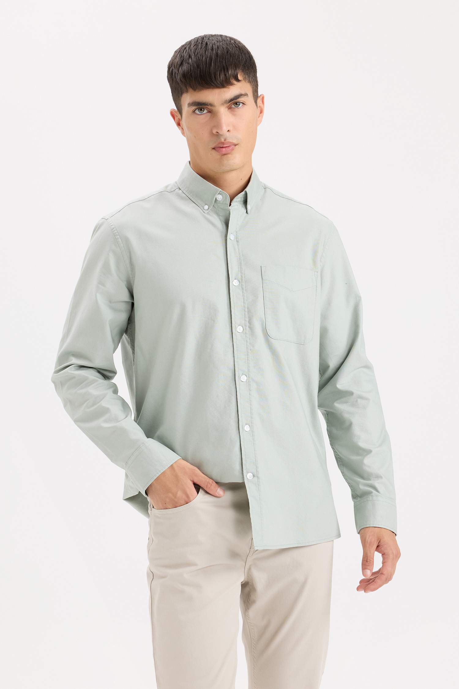 %100 Pamuk Regular Fit Polo Yaka Oxford Basic Düz Uzun Kollu Gömlek