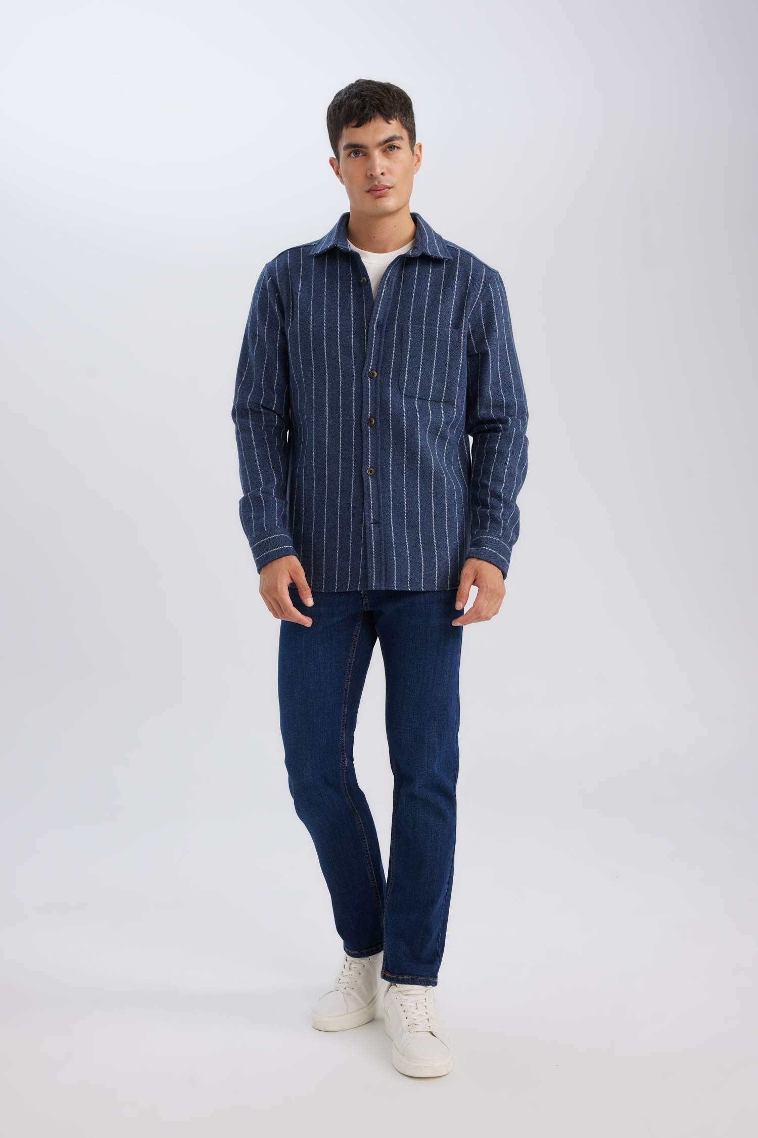 Regular Fit Polo Yaka Çizgili Oduncu Uzun Kollu Gömlek