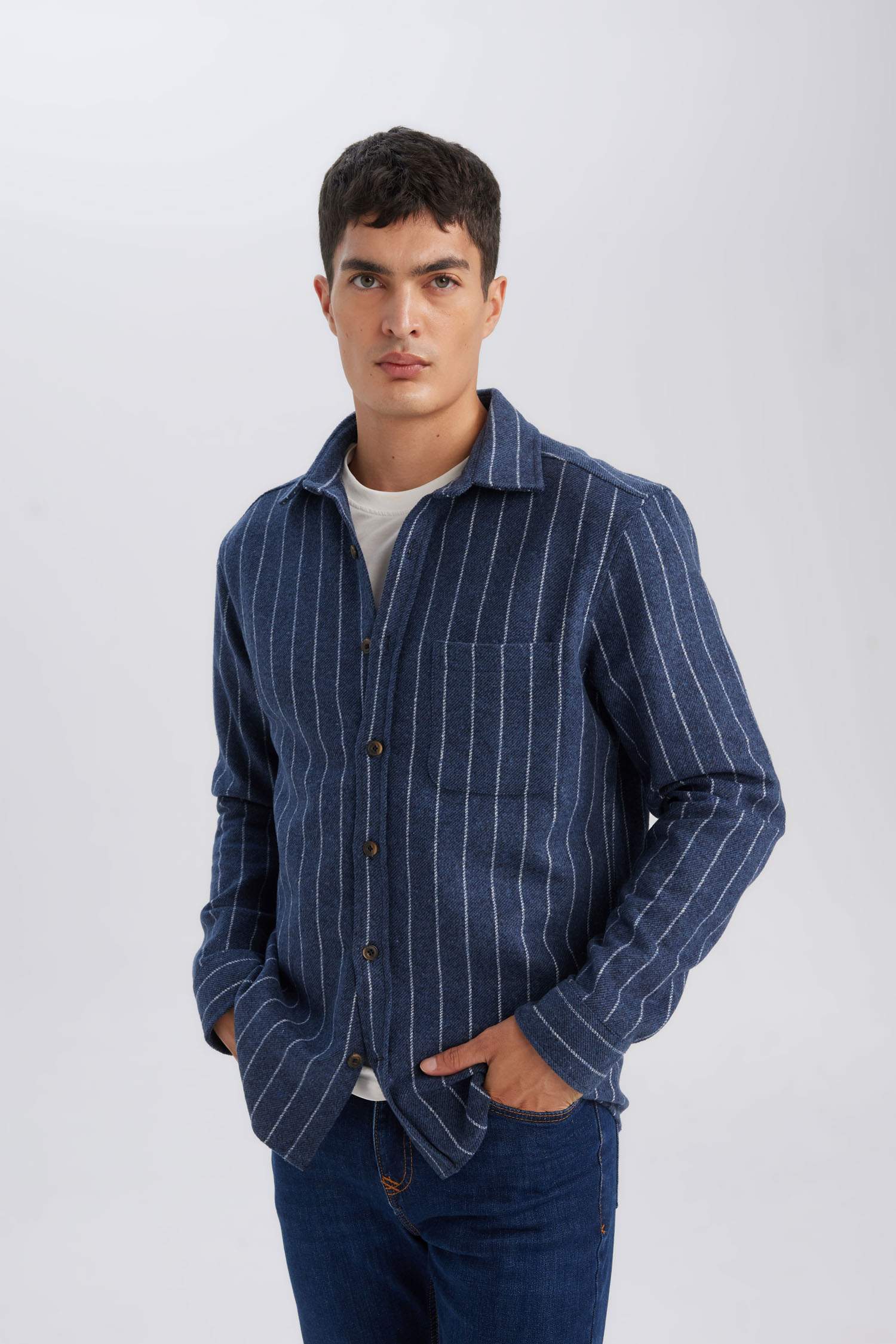 Regular Fit Polo Yaka Çizgili Oduncu Uzun Kollu Gömlek