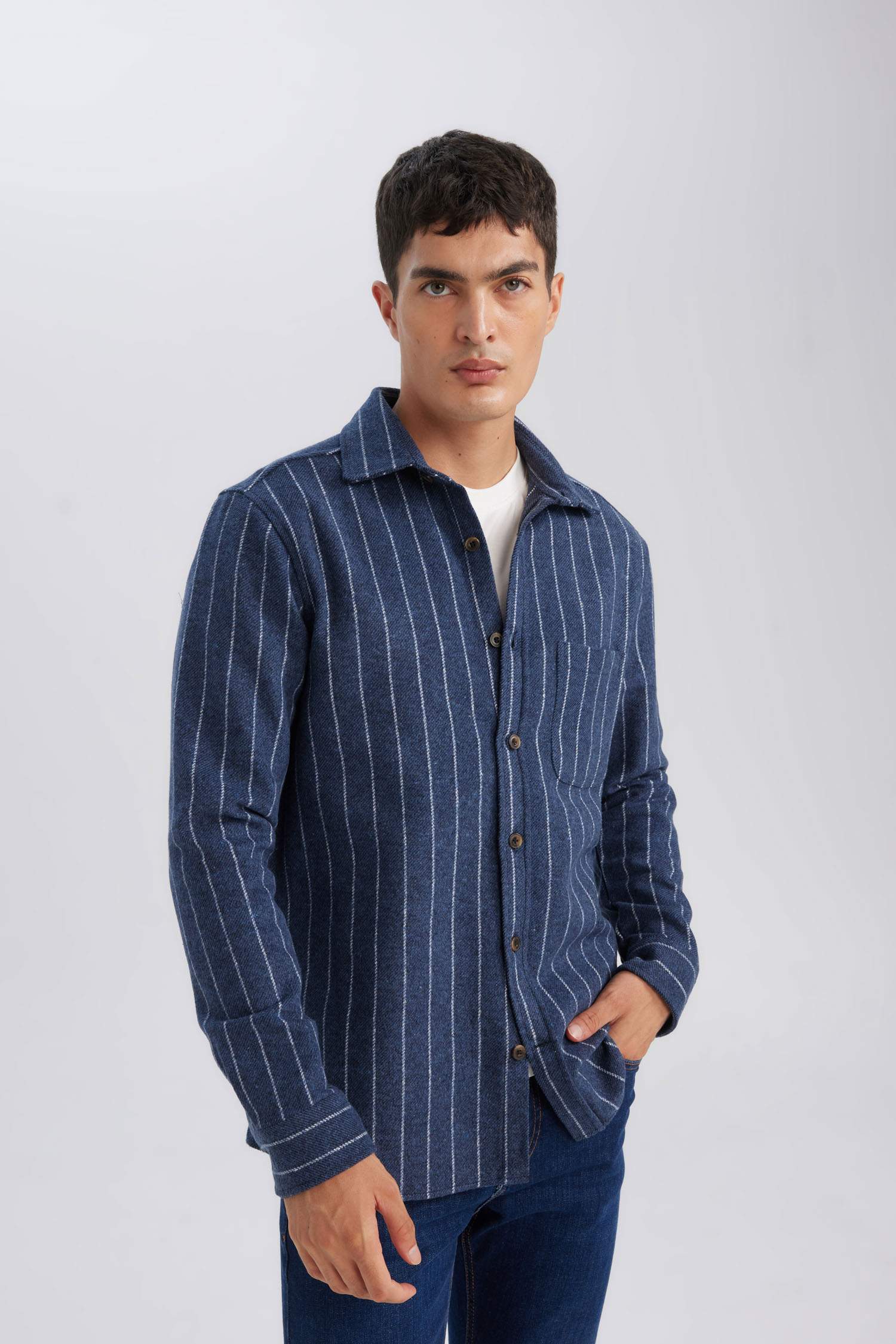 Regular Fit Polo Yaka Çizgili Oduncu Uzun Kollu Gömlek