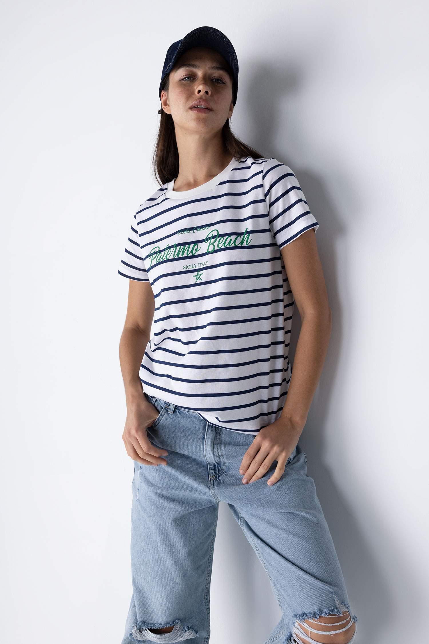 Regular Fit Crew Neck Slogan Printed Short Sleeve T-Shirt