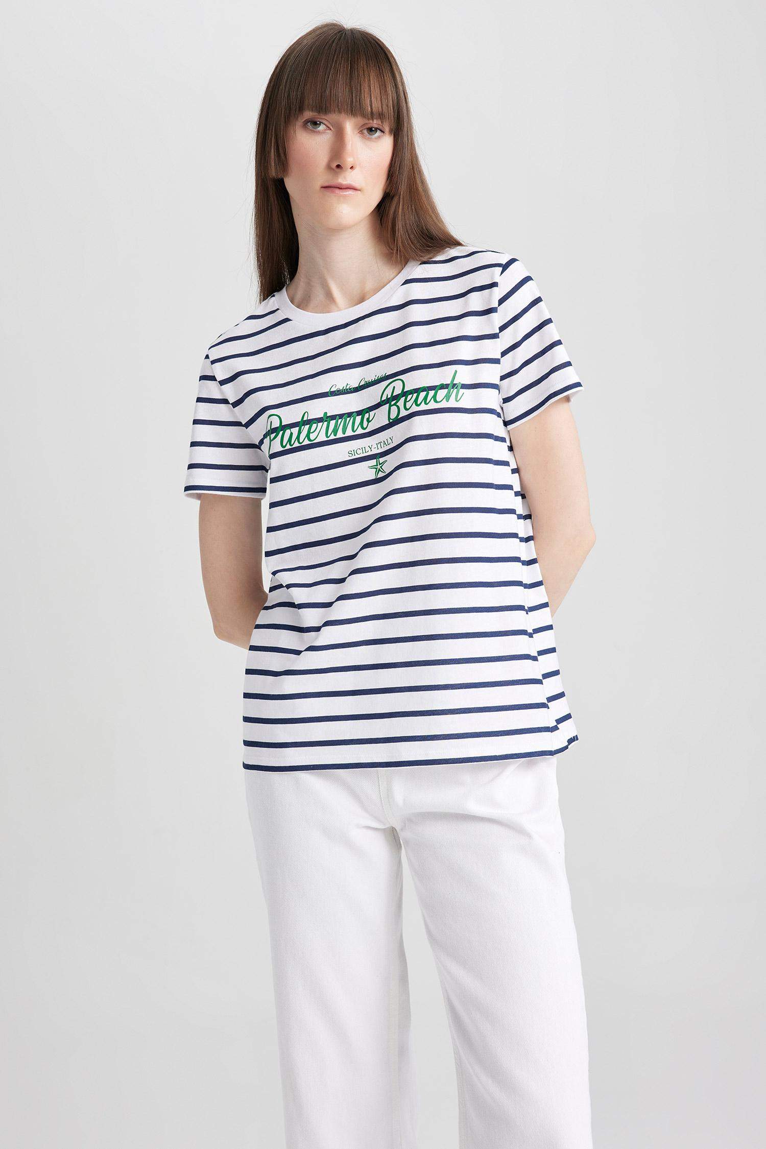 Regular Fit Crew Neck Slogan Printed Short Sleeve T-Shirt