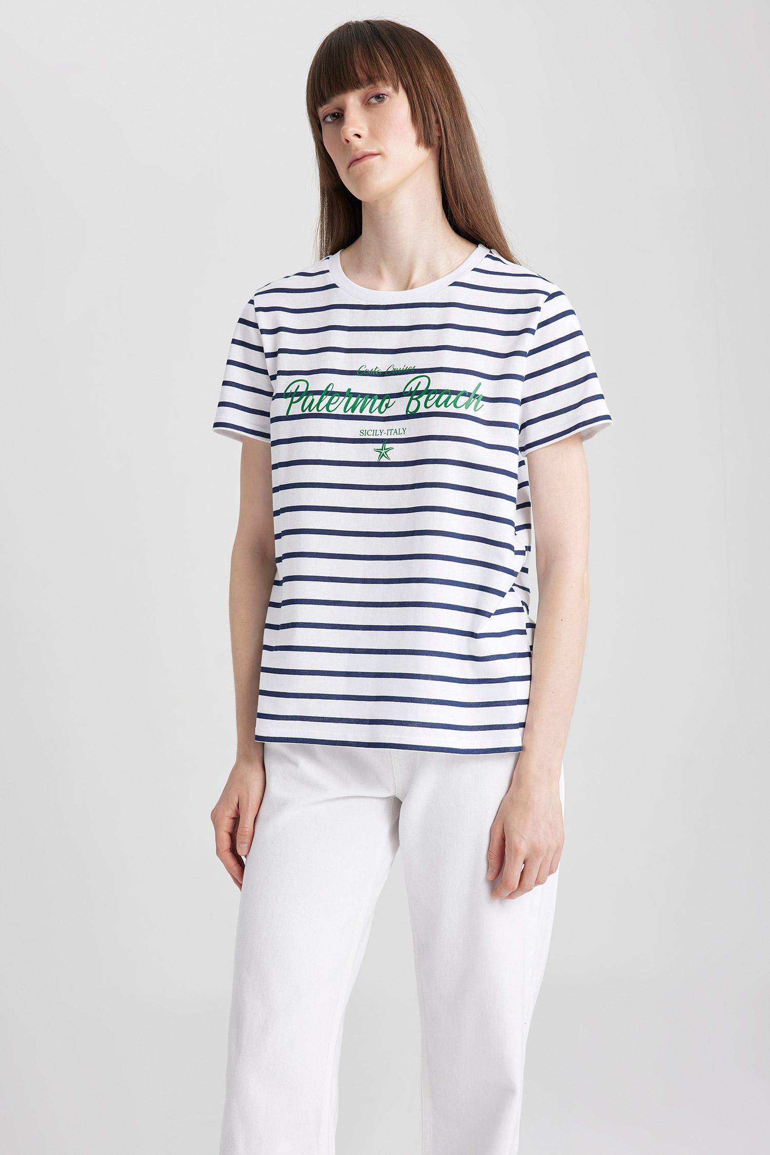 Regular Fit Crew Neck Slogan Printed Short Sleeve T-Shirt