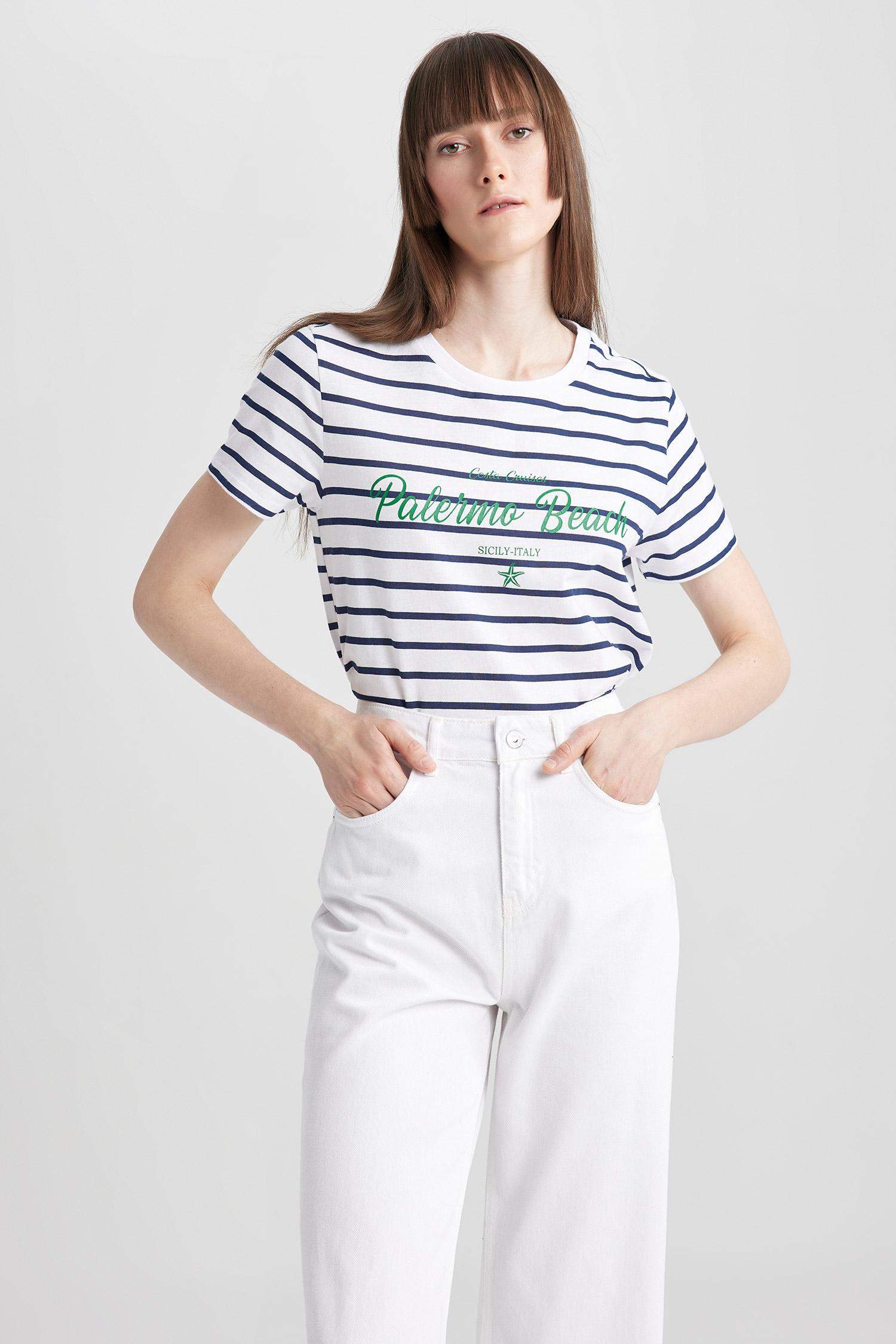 Regular Fit Crew Neck Slogan Printed Short Sleeve T-Shirt