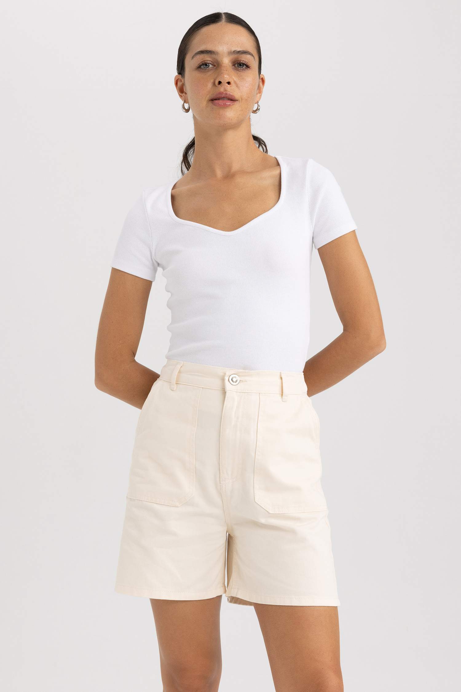 Gabardine High Waist Double Hem Shorts