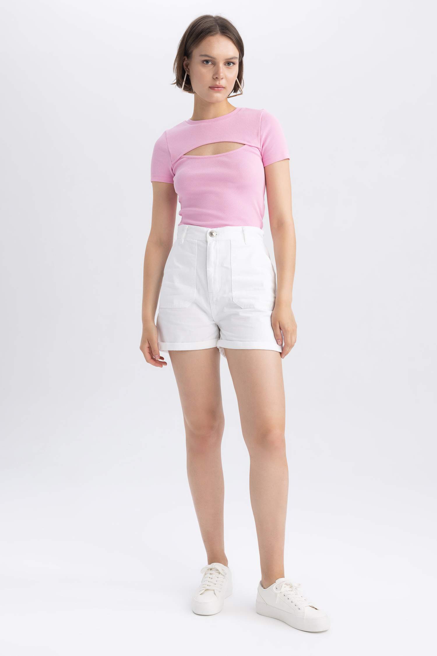 Gabardine High Waist Double Hem Shorts