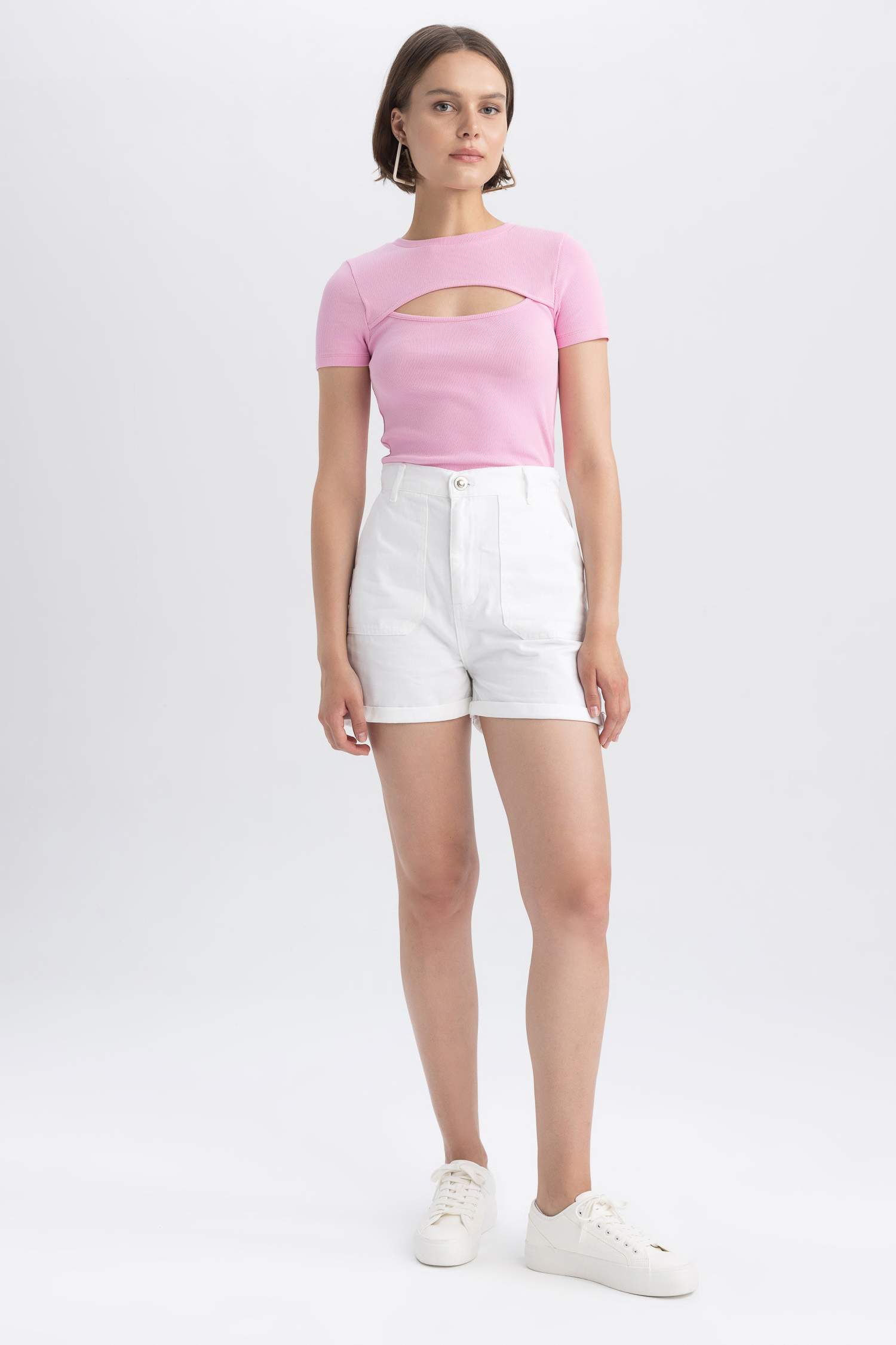 Gabardine High Waist Double Hem Shorts