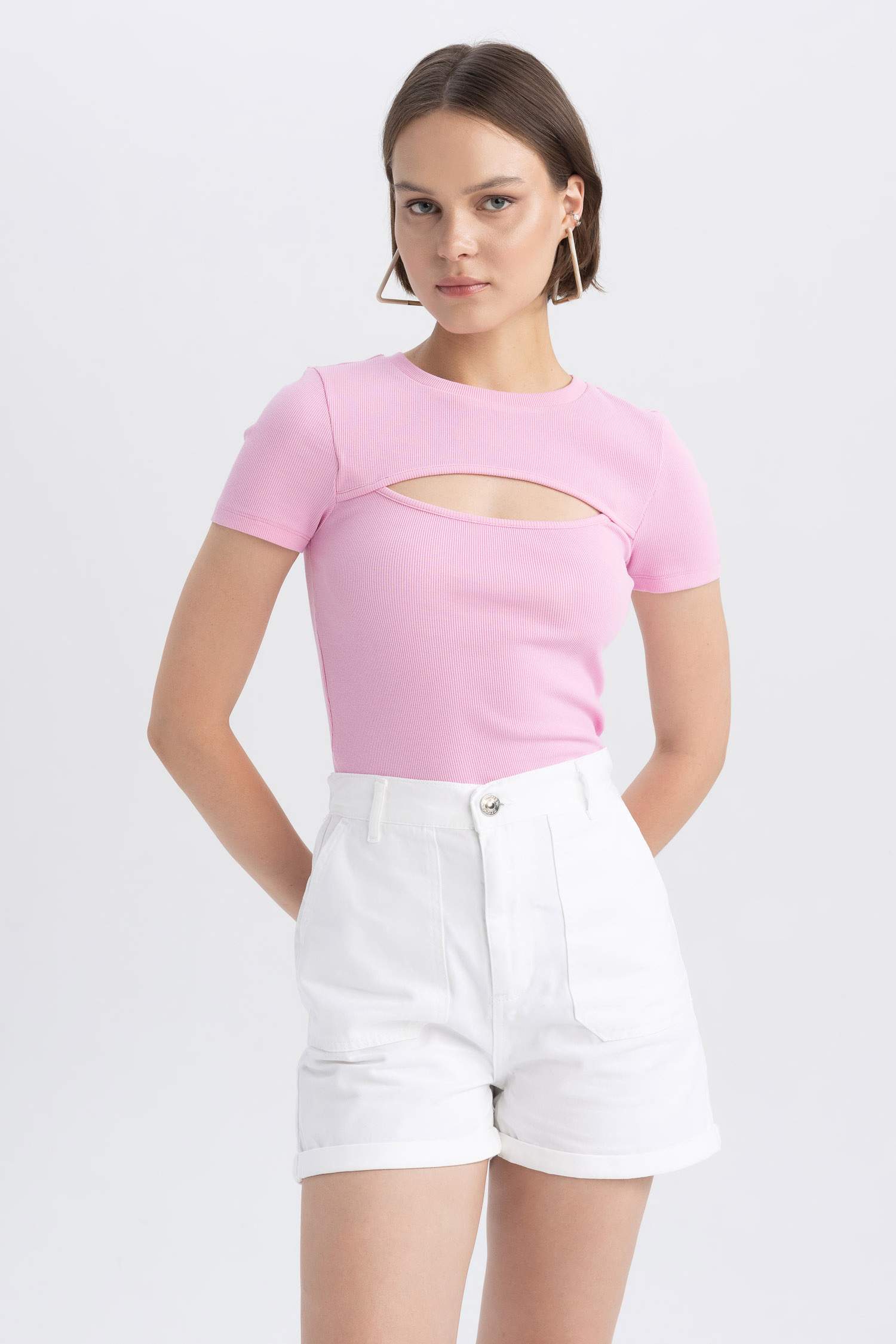 Gabardine High Waist Double Hem Shorts