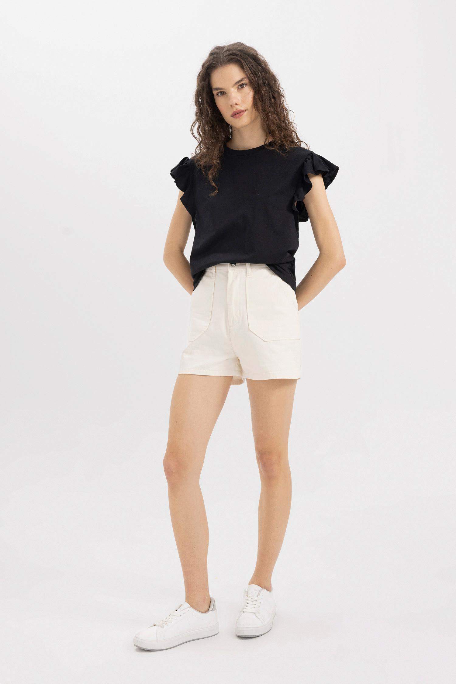 Gabardine High Waist Double Hem Shorts