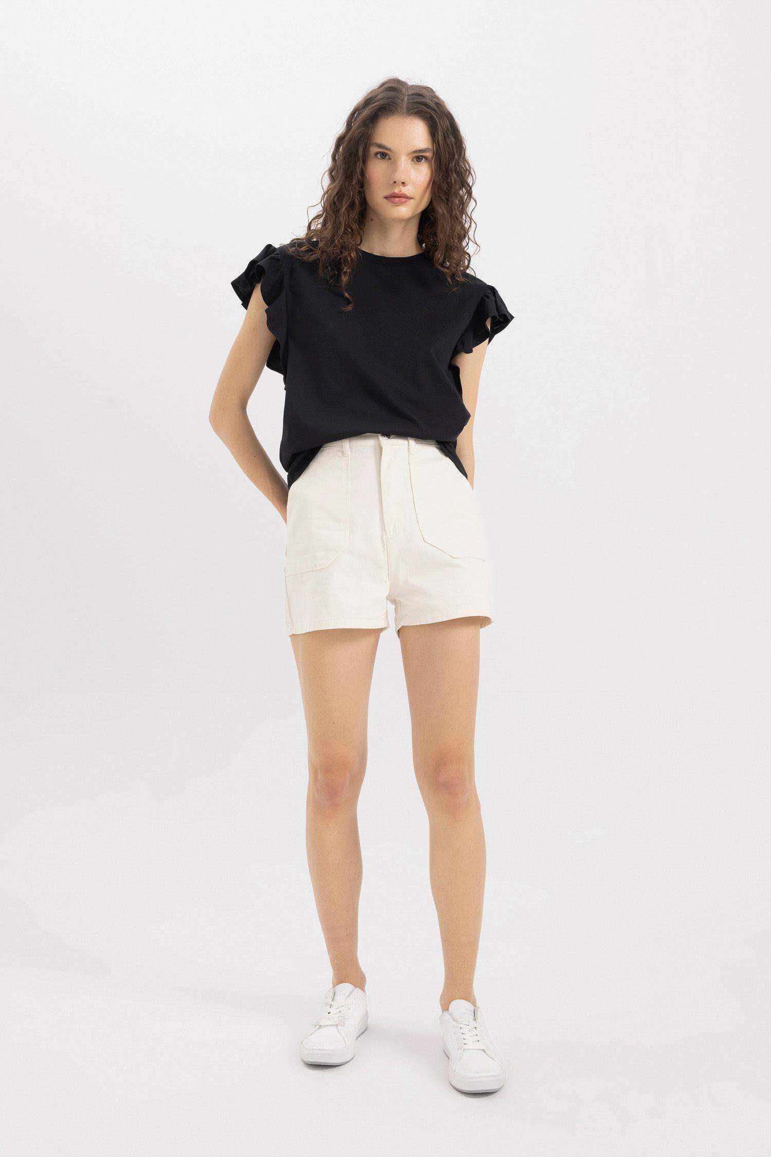 Gabardine High Waist Double Hem Shorts