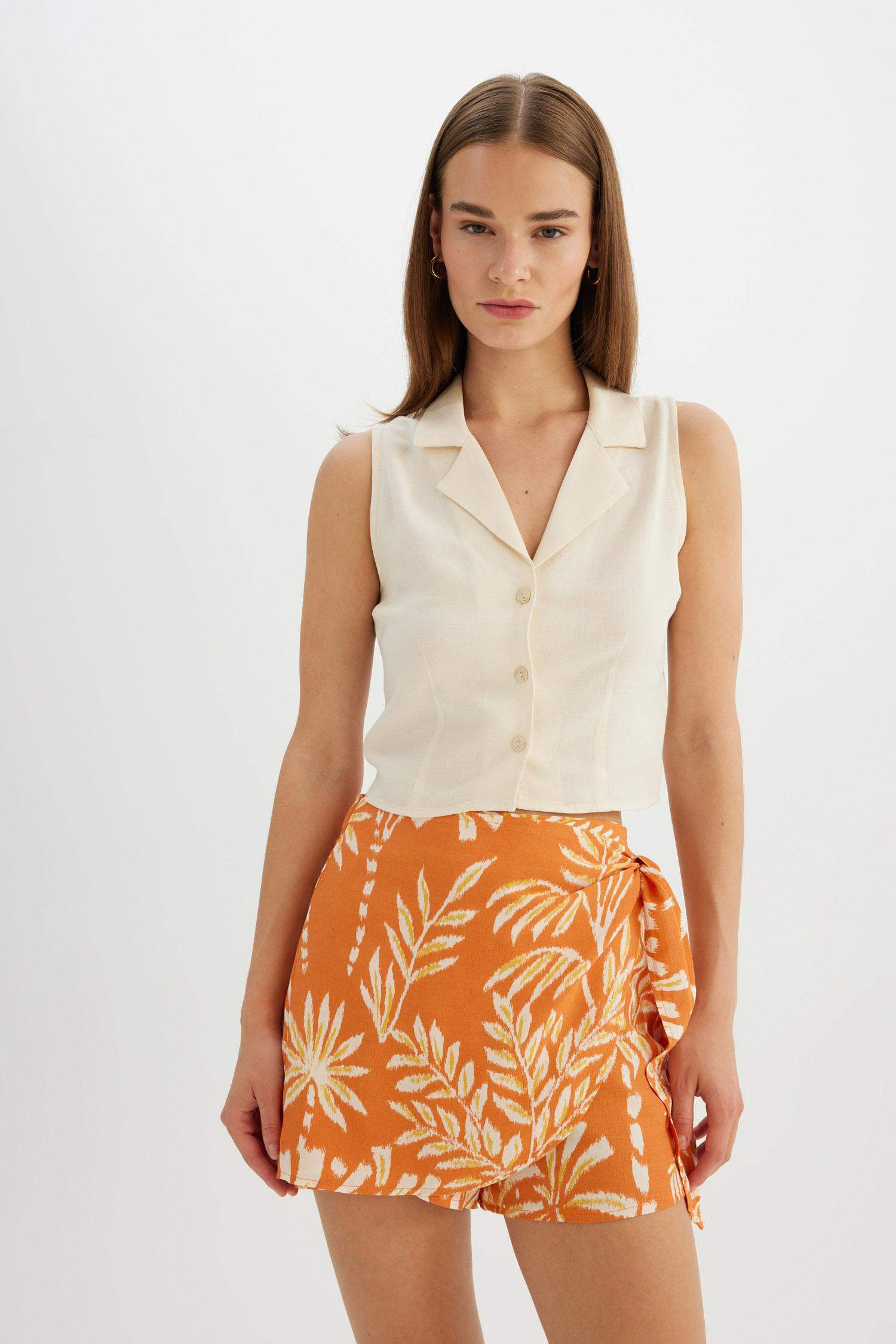 Yüksek Bel Desenli Geniş Paça Viskon Şort Etek