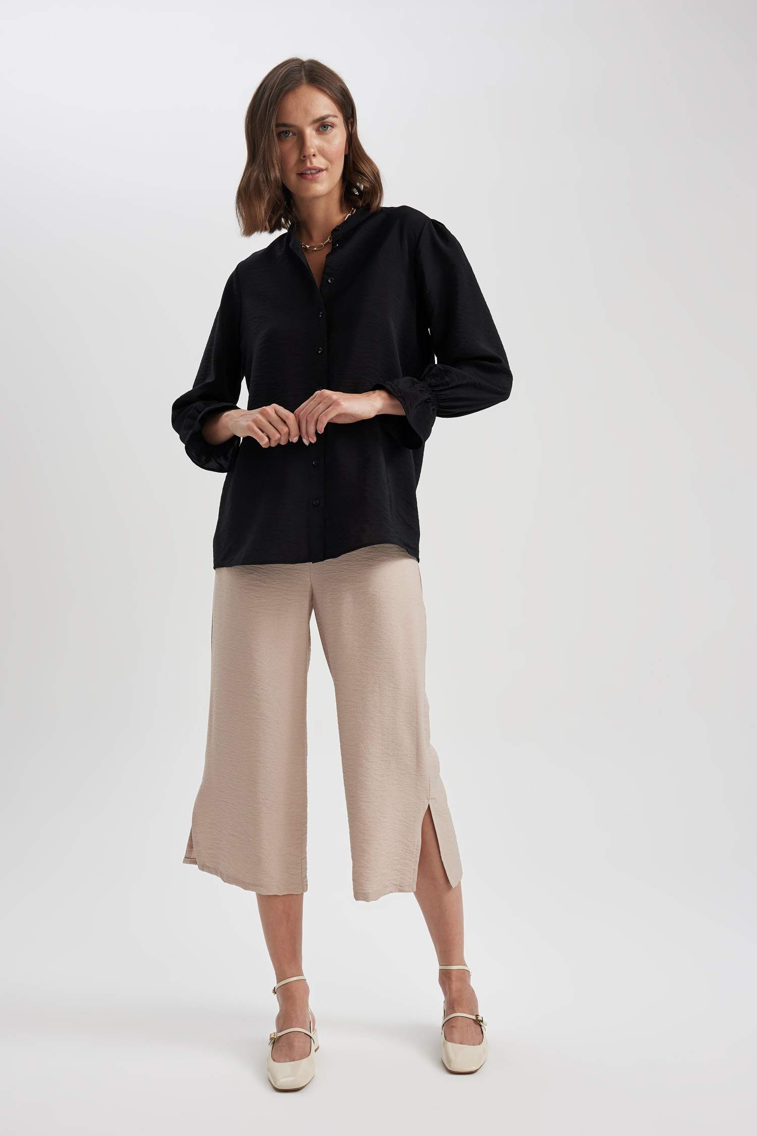 Linen Look High Waist Wide Leg Capri