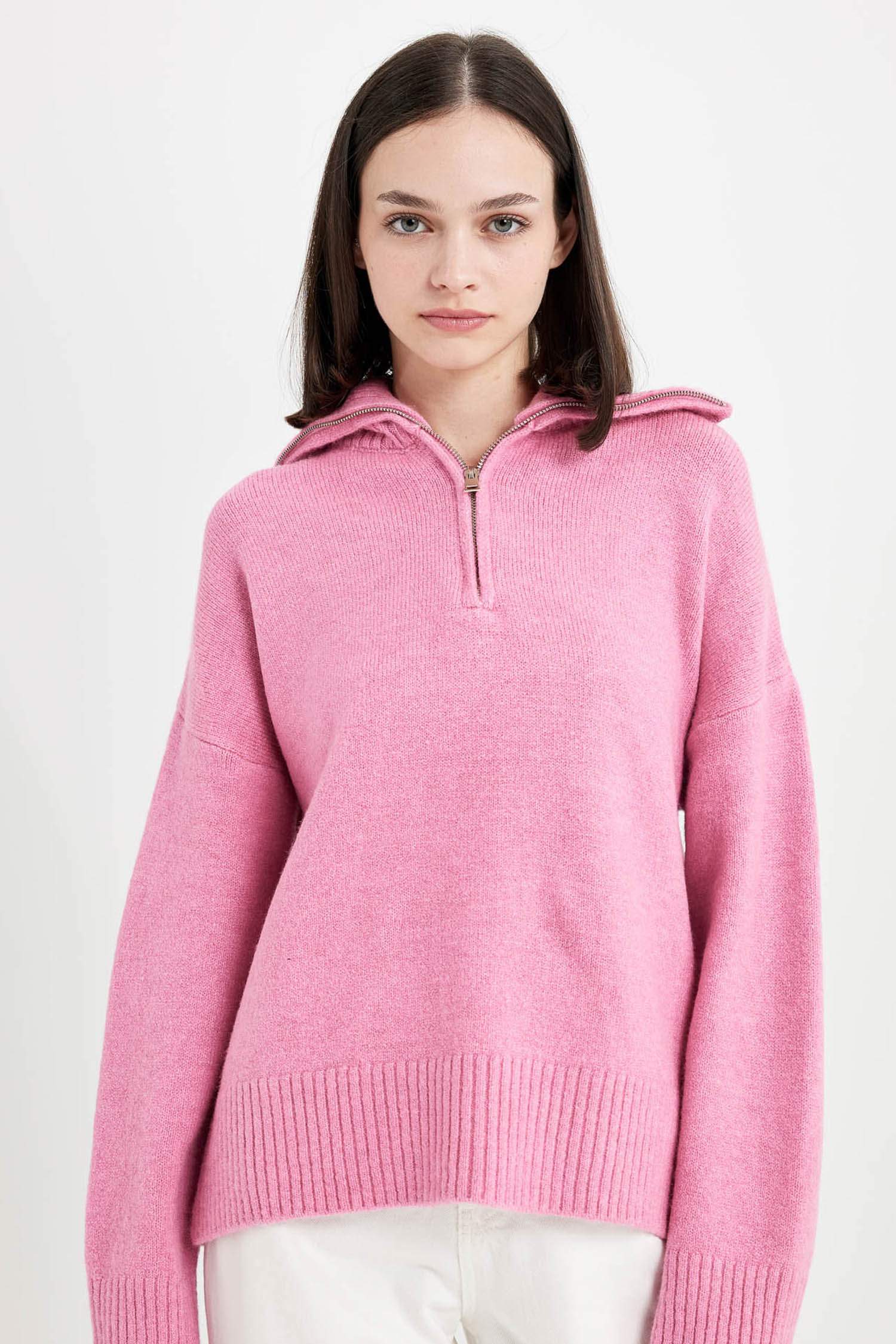 Oversize Geniş Kalıp Yarım Fermuarlı Dik Yaka Triko Kazak