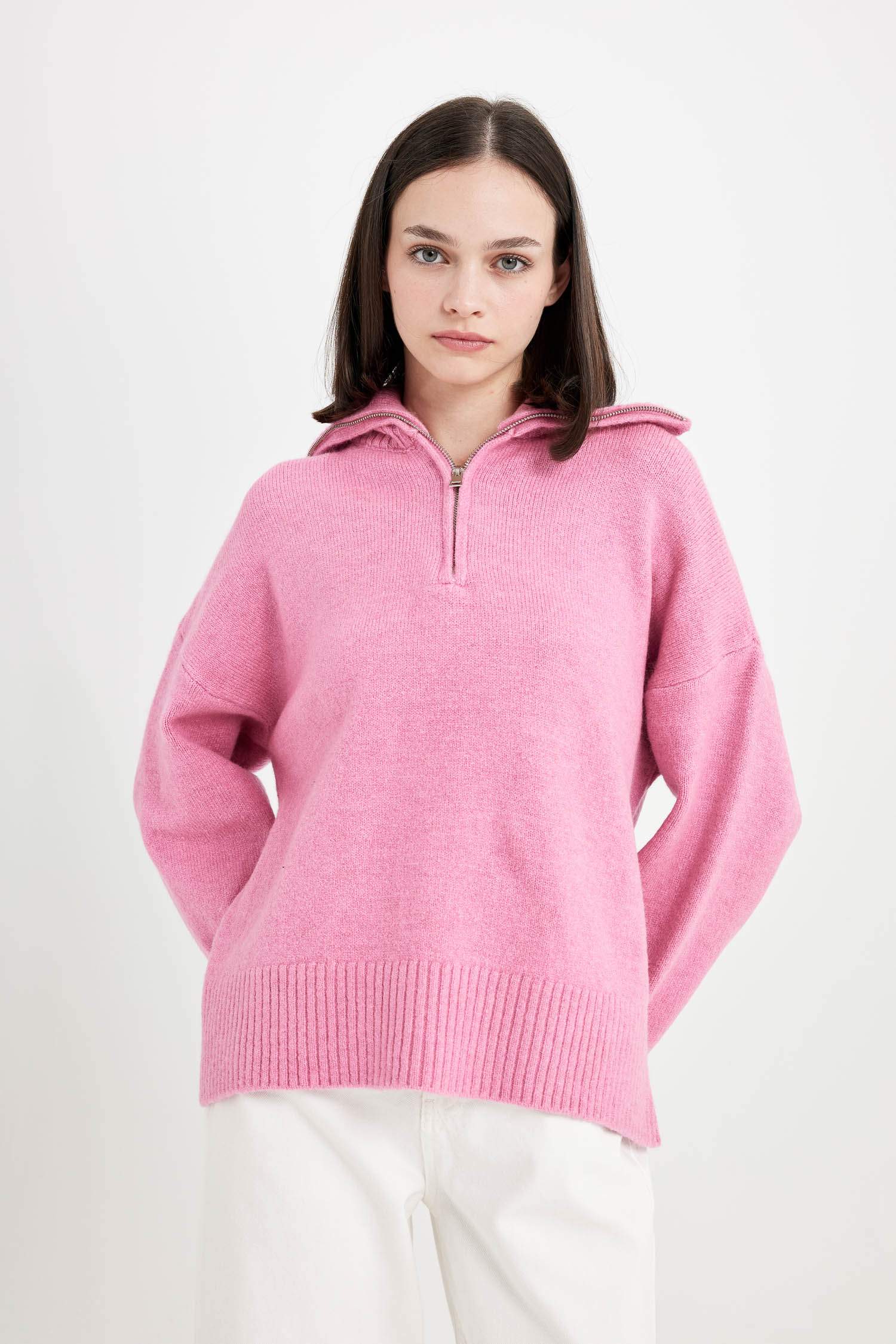 Oversize Geniş Kalıp Yarım Fermuarlı Dik Yaka Triko Kazak