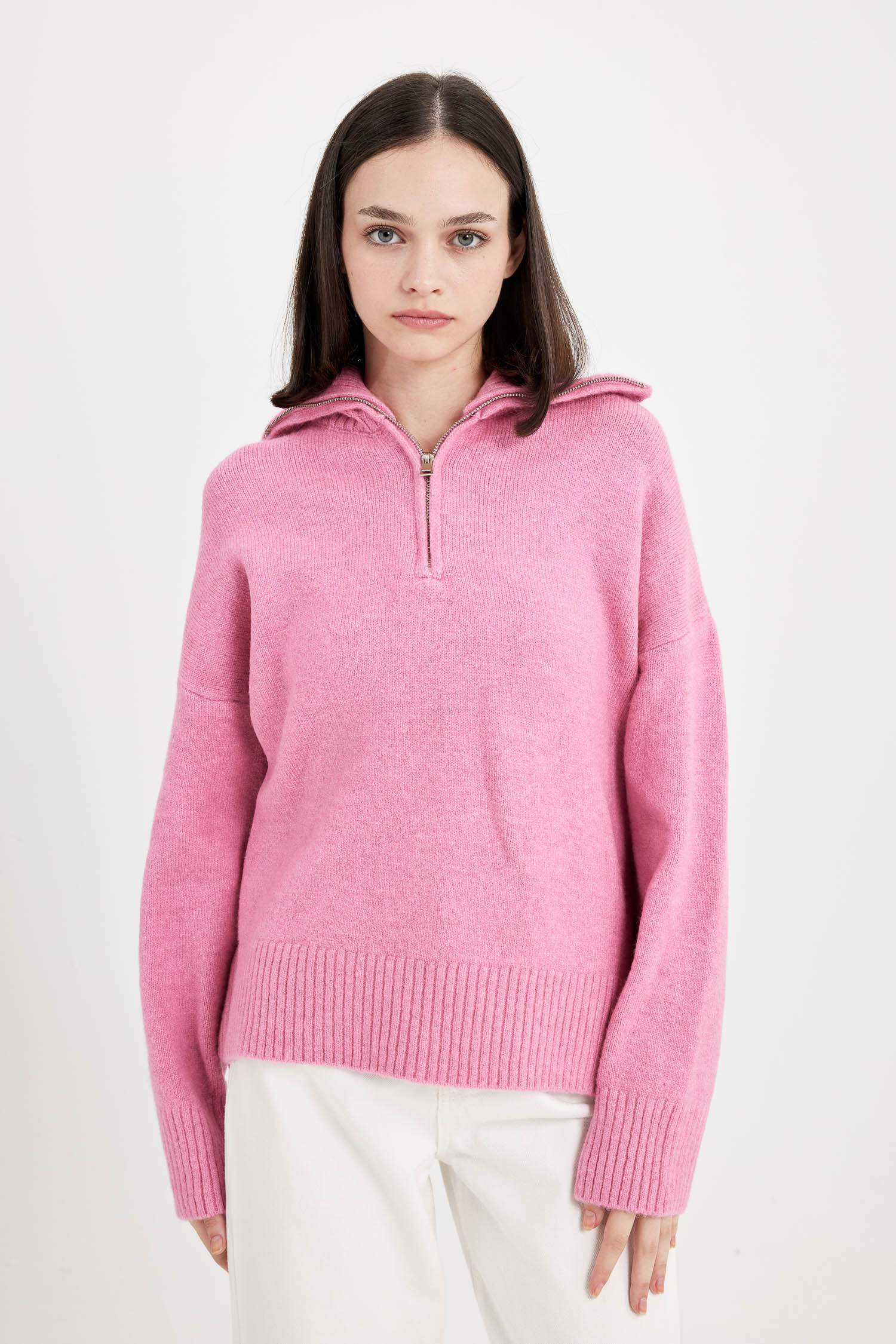 Oversize Geniş Kalıp Yarım Fermuarlı Dik Yaka Triko Kazak