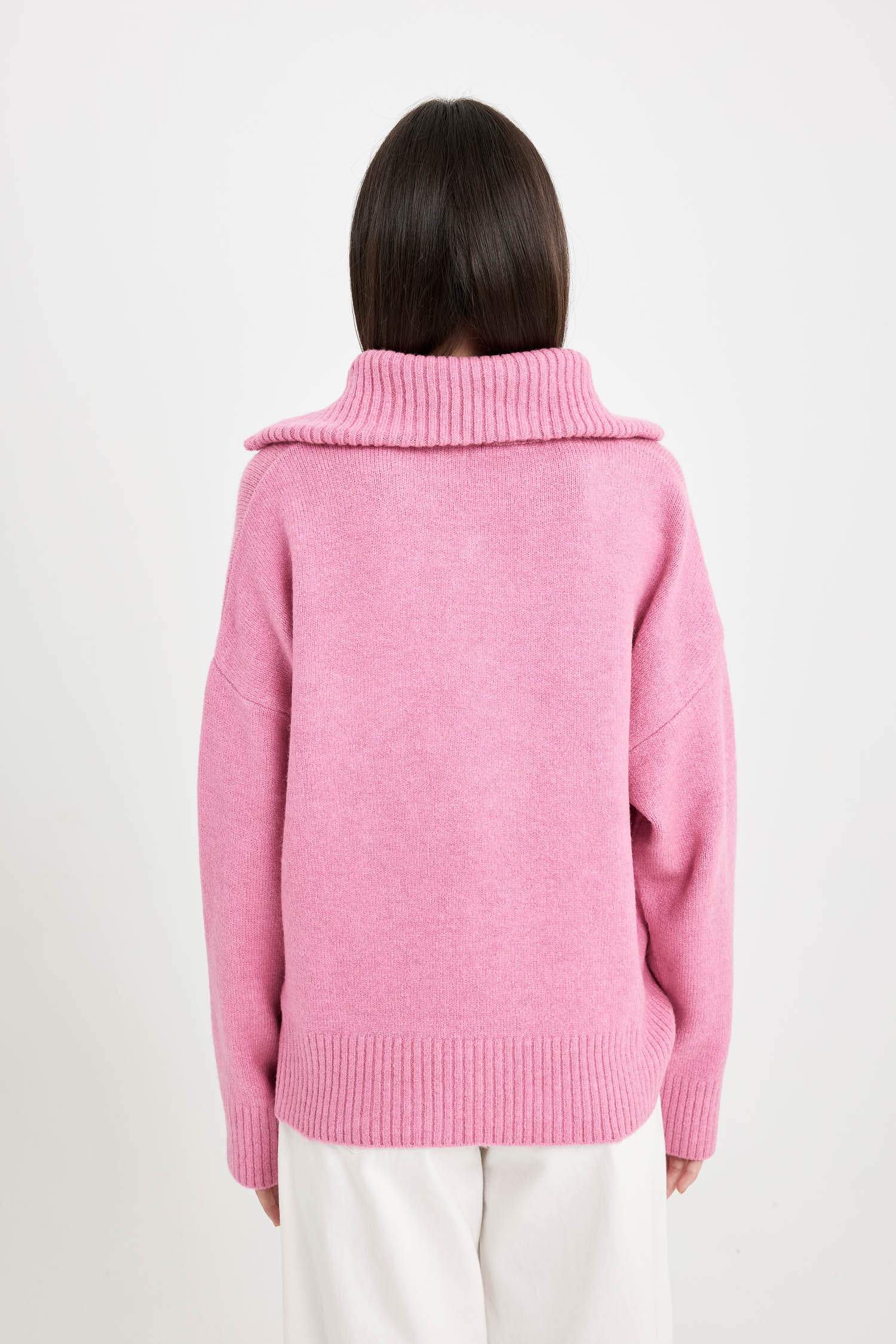 Oversize Geniş Kalıp Yarım Fermuarlı Dik Yaka Triko Kazak