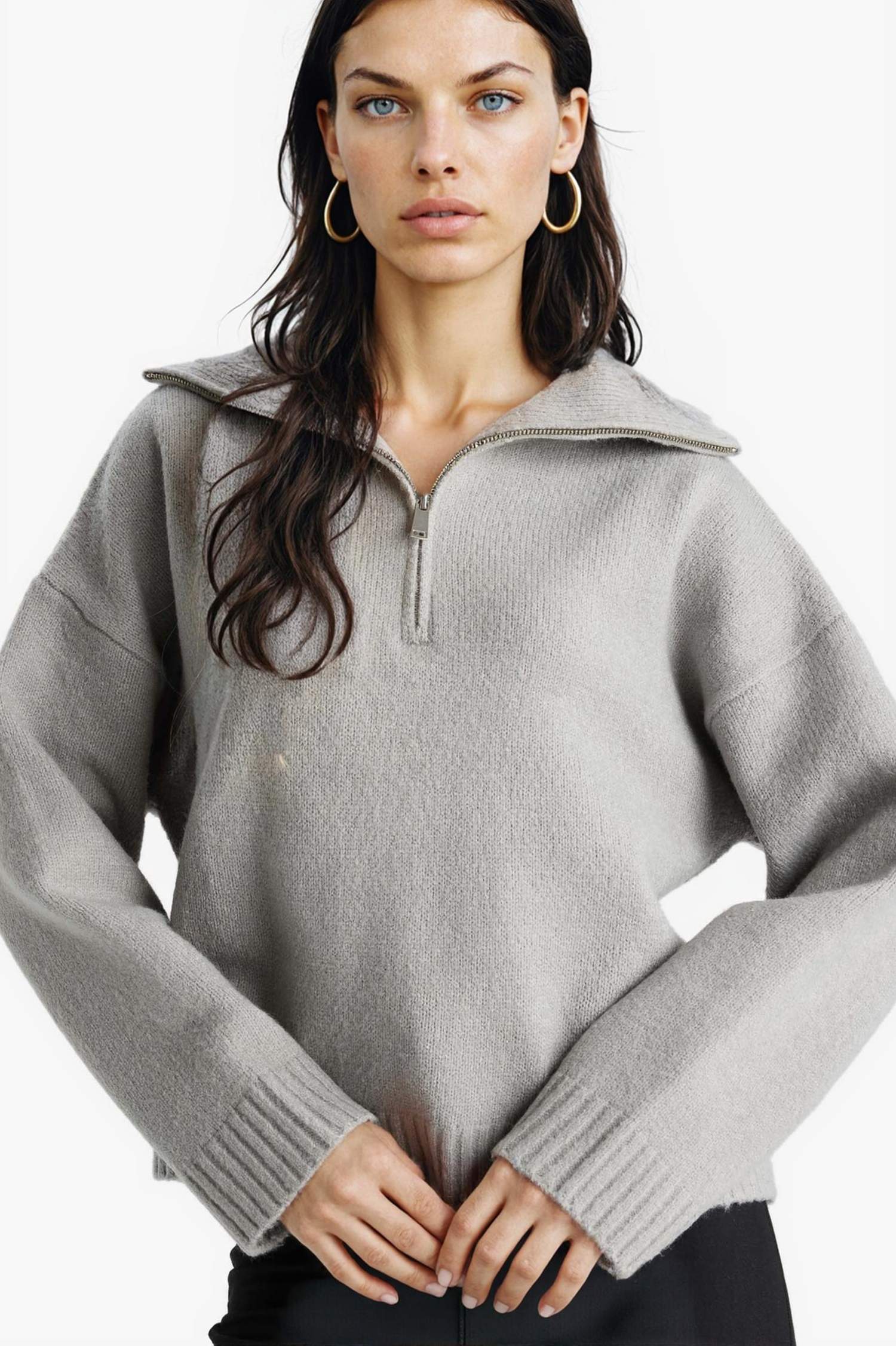 Oversize Geniş Kalıp Yarım Fermuarlı Dik Yaka Triko Kazak