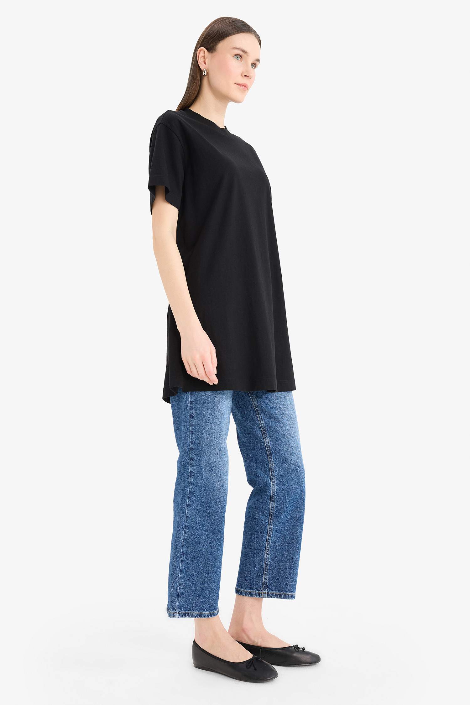 Regular Fit Bisiklet Yaka Basic Düz Kısa Kollu Siyah Tunik Tişört