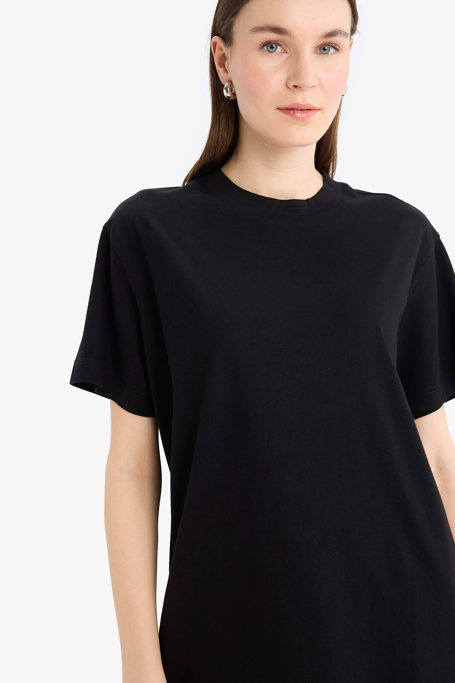 Regular Fit Bisiklet Yaka Basic Düz Kısa Kollu Siyah Tunik Tişört