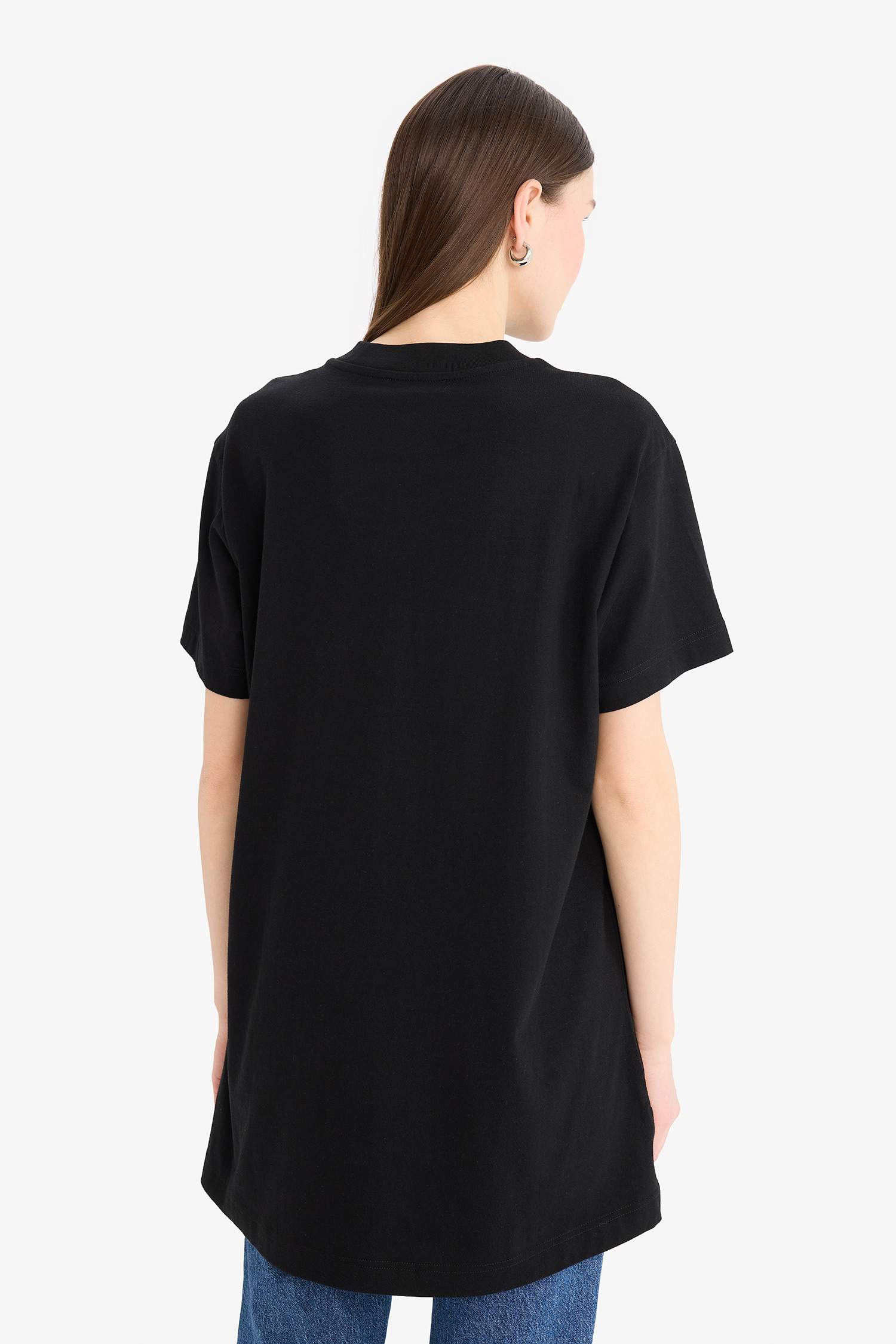 Regular Fit Bisiklet Yaka Basic Düz Kısa Kollu Siyah Tunik Tişört