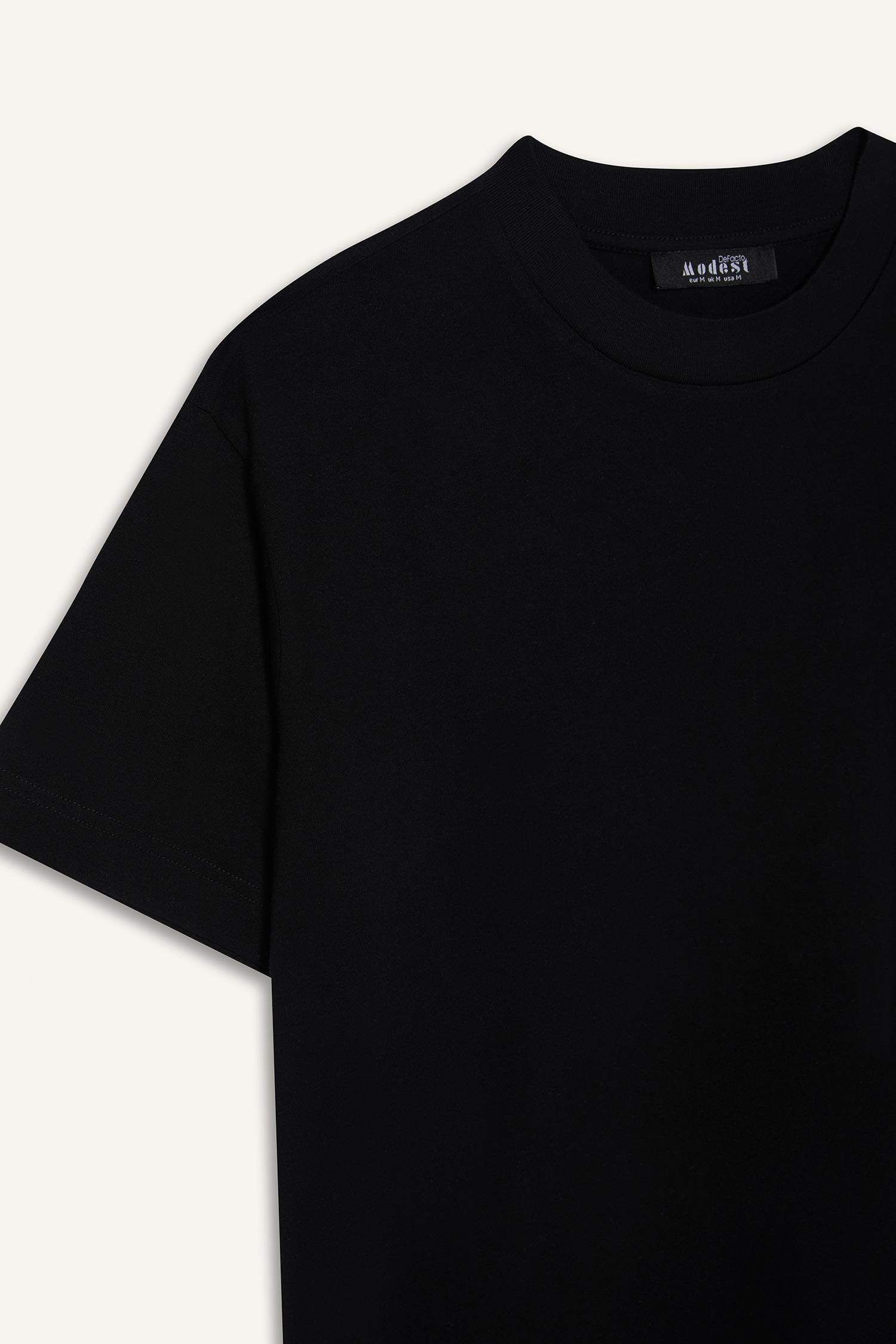 Regular Fit Bisiklet Yaka Basic Düz Kısa Kollu Siyah Tunik Tişört