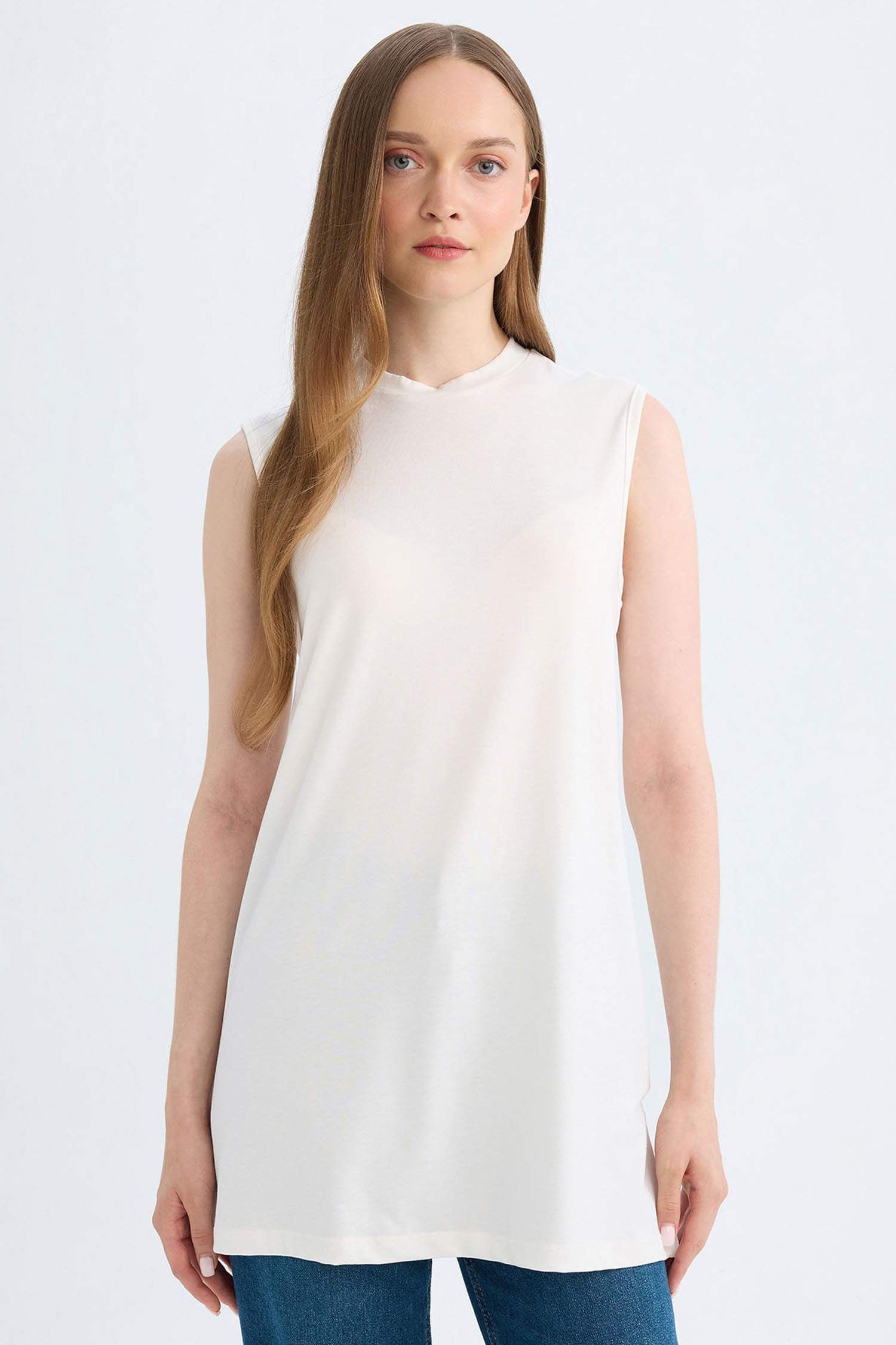 Regular Fit Bisiklet Yaka Kolsuz Basic Düz Tunik