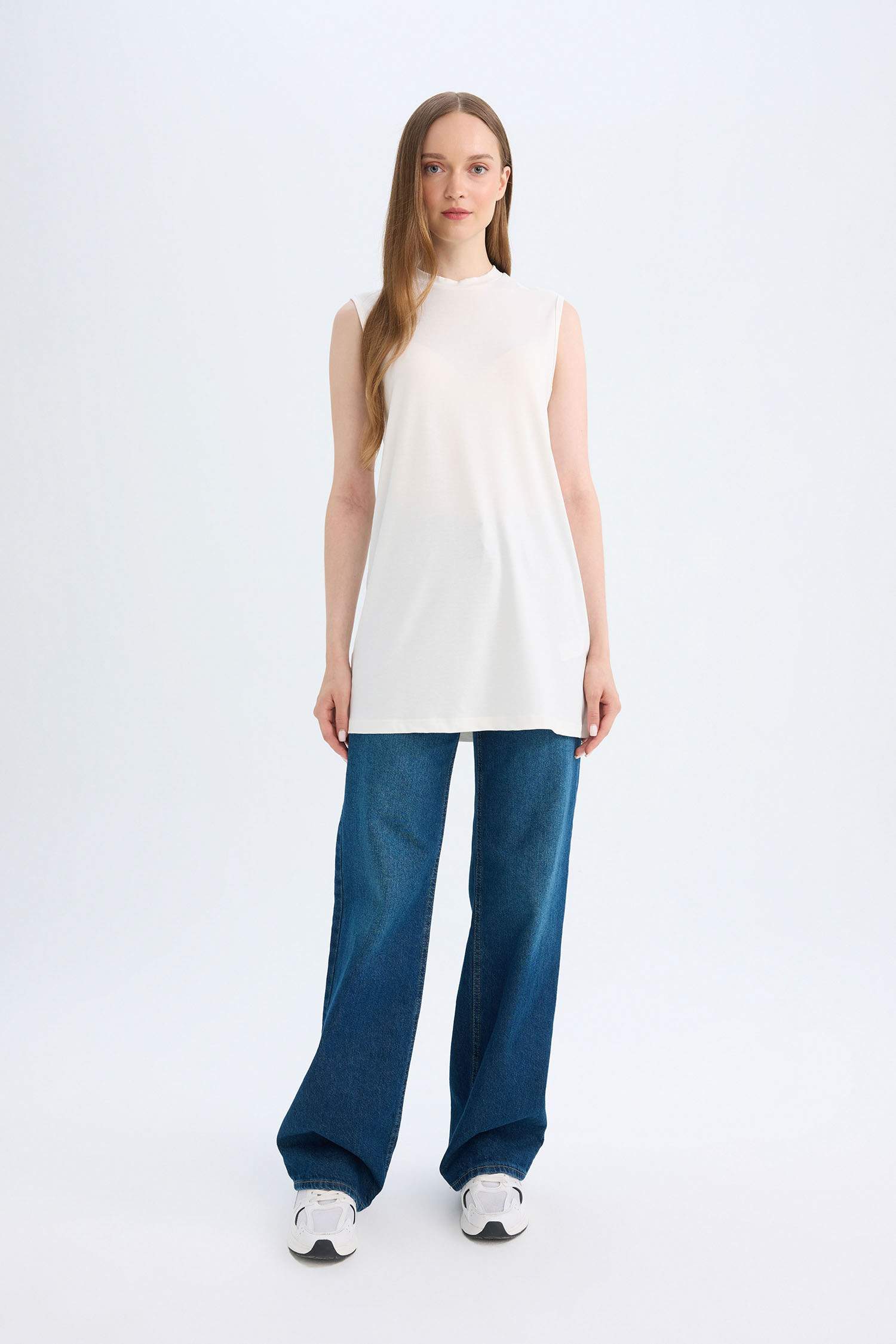 Regular Fit Bisiklet Yaka Kolsuz Basic Düz Tunik