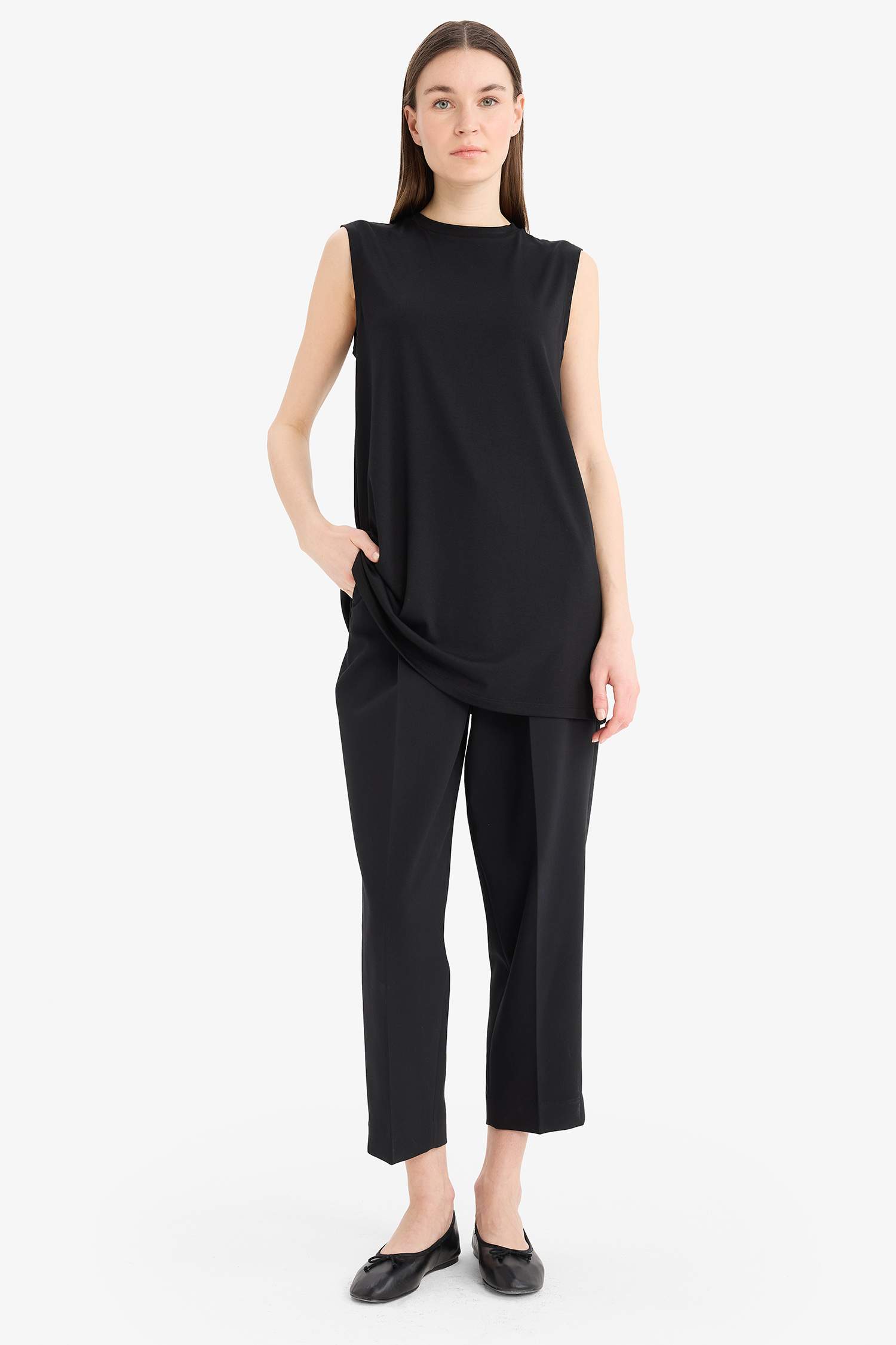 Regular Fit Bisiklet Yaka Basic Düz Kolsuz Tesettür Tişört Tunik